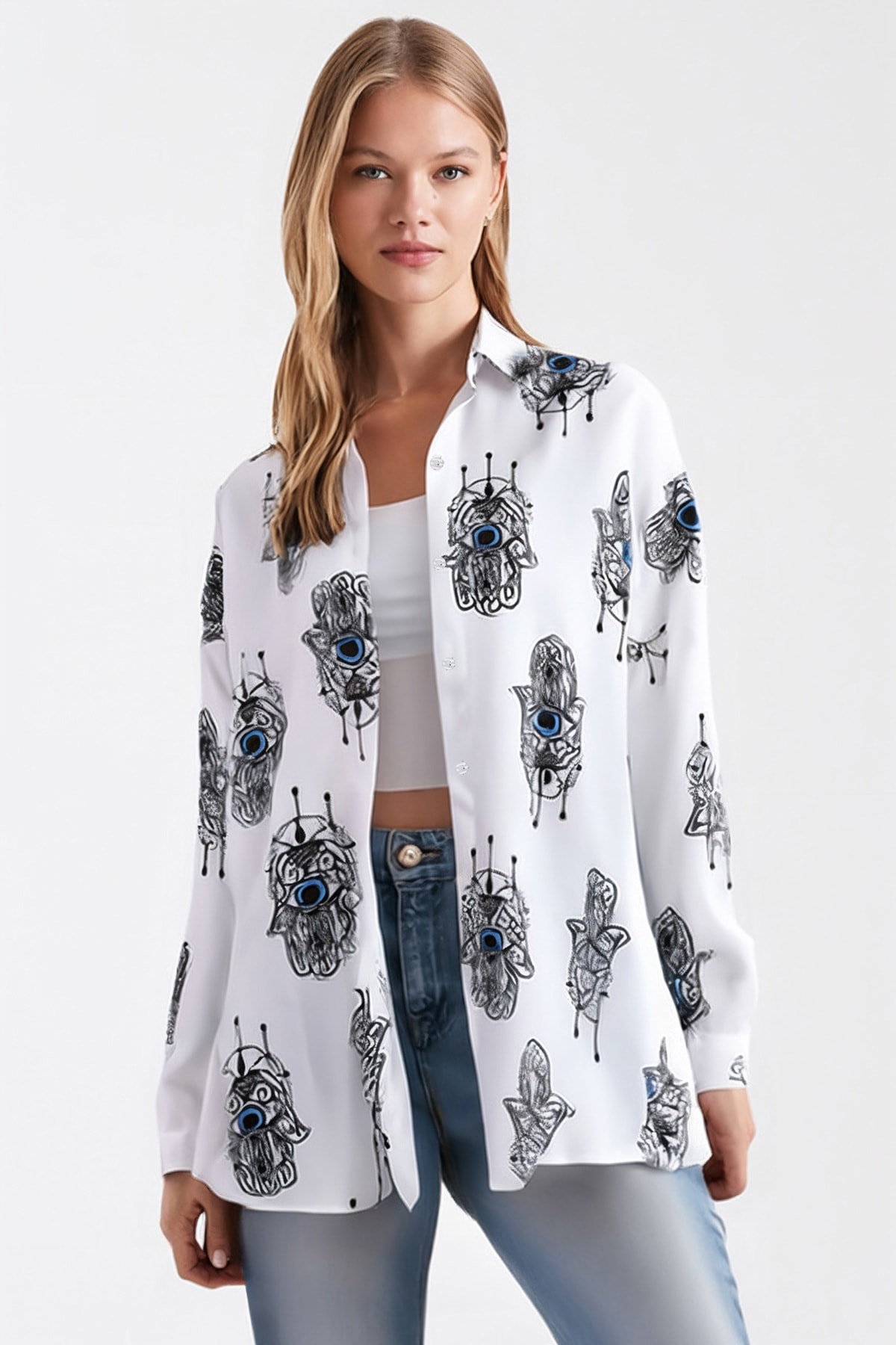 Kadın Açık Mavi Desenli Oversize Uzun Basic Gömlek ARM-22Y001148