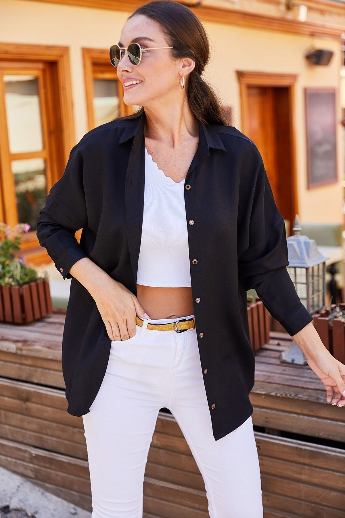 Kadın Siyah Oversize Uzun Basic Gömlek