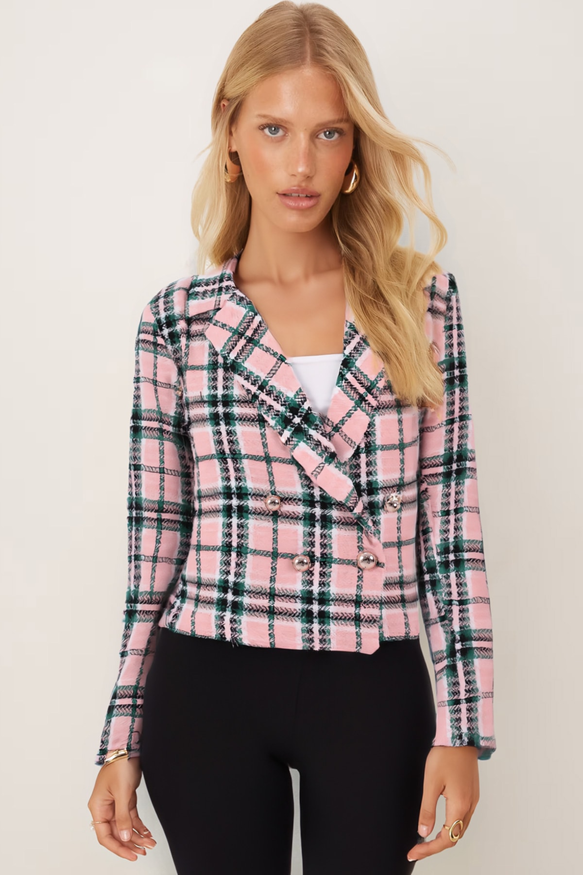 Kadın Pembe-Yeşil Kruvaze Yaka Tüvit Crop Ceket ARM-24K001014