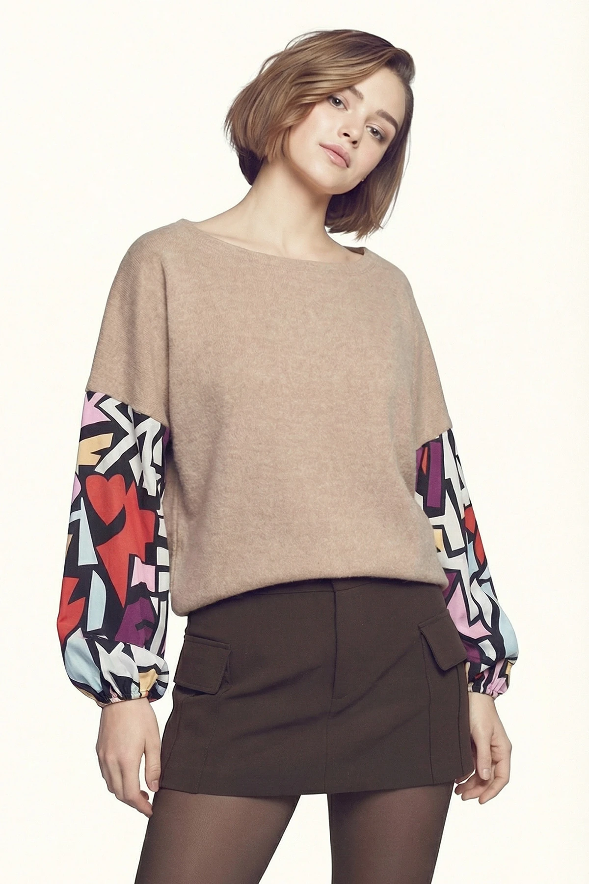 Kadın Bej Kolu Renkli Salaş Bluz ARM-20K001085