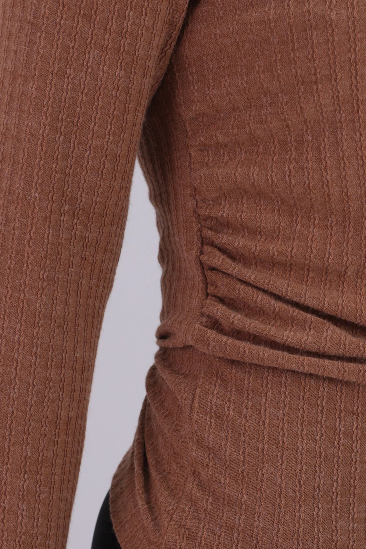 Kadın Vizon V Yaka Uzun Kollu Önü Büzgülü Yumuşak Dokulu Likralı Bluz ARM-26K001014