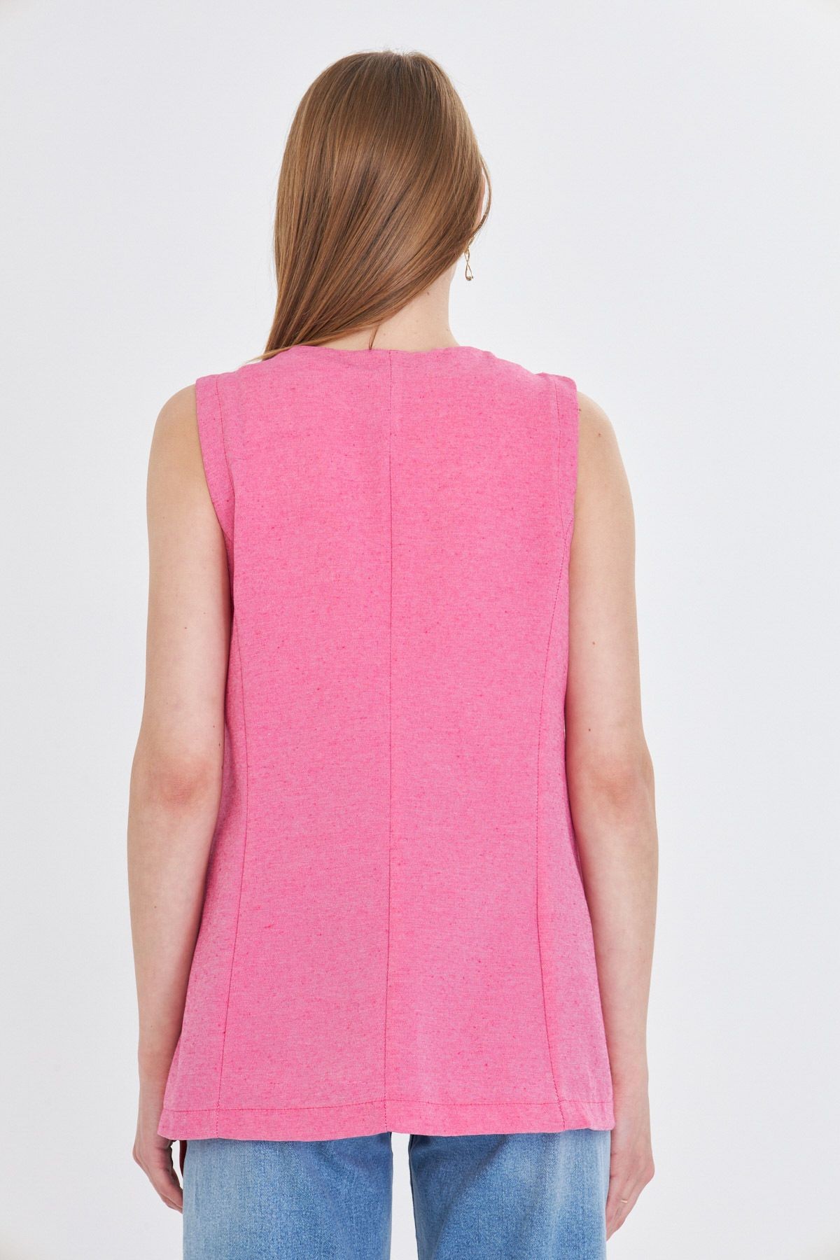 Kadın Fuşya V Yaka Tek Düğme Oversize Yelek ARM-25Y001036