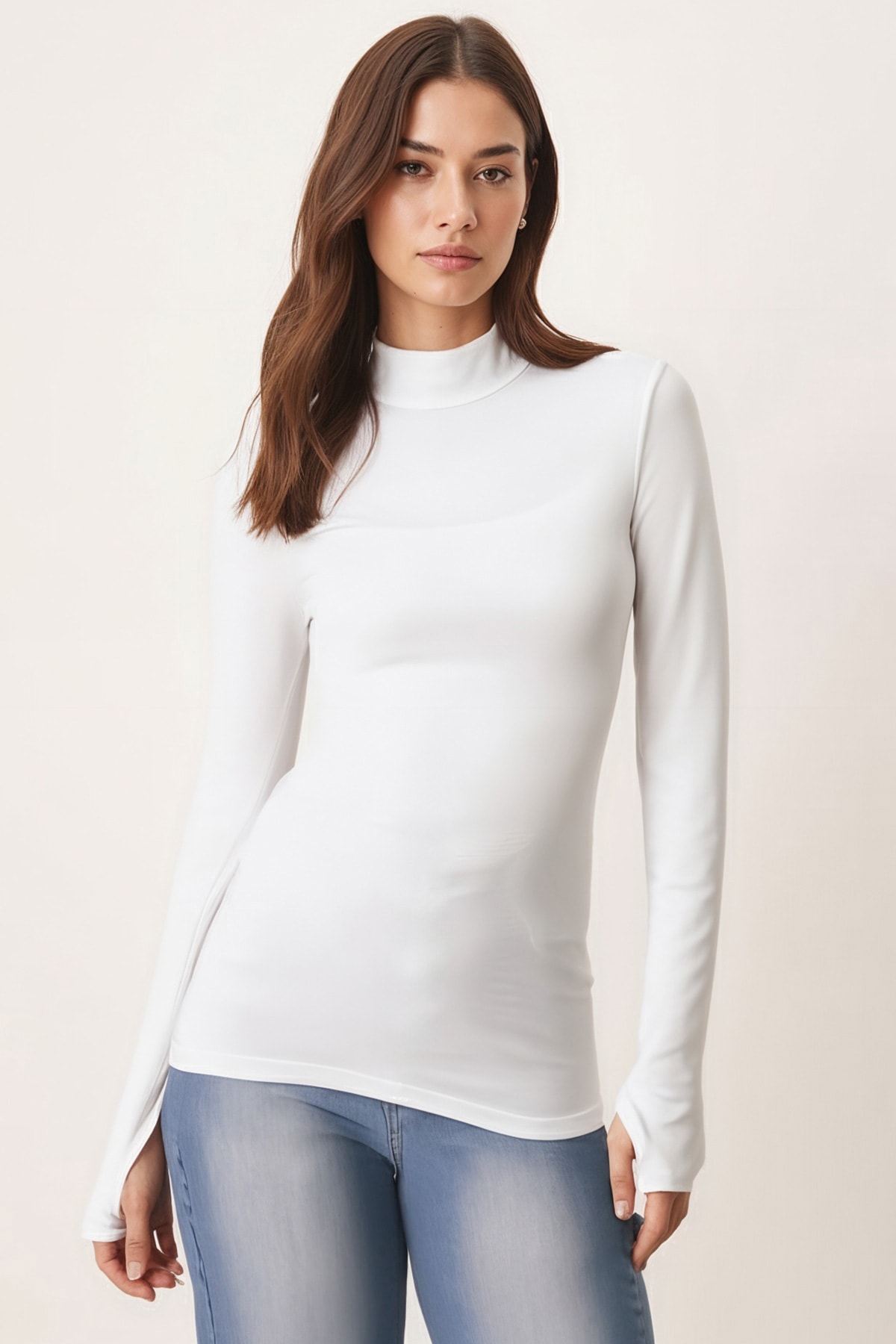 Kadın Beyaz Yarım Balıkçı Parmak Geçmeli Body ARM-26K135002