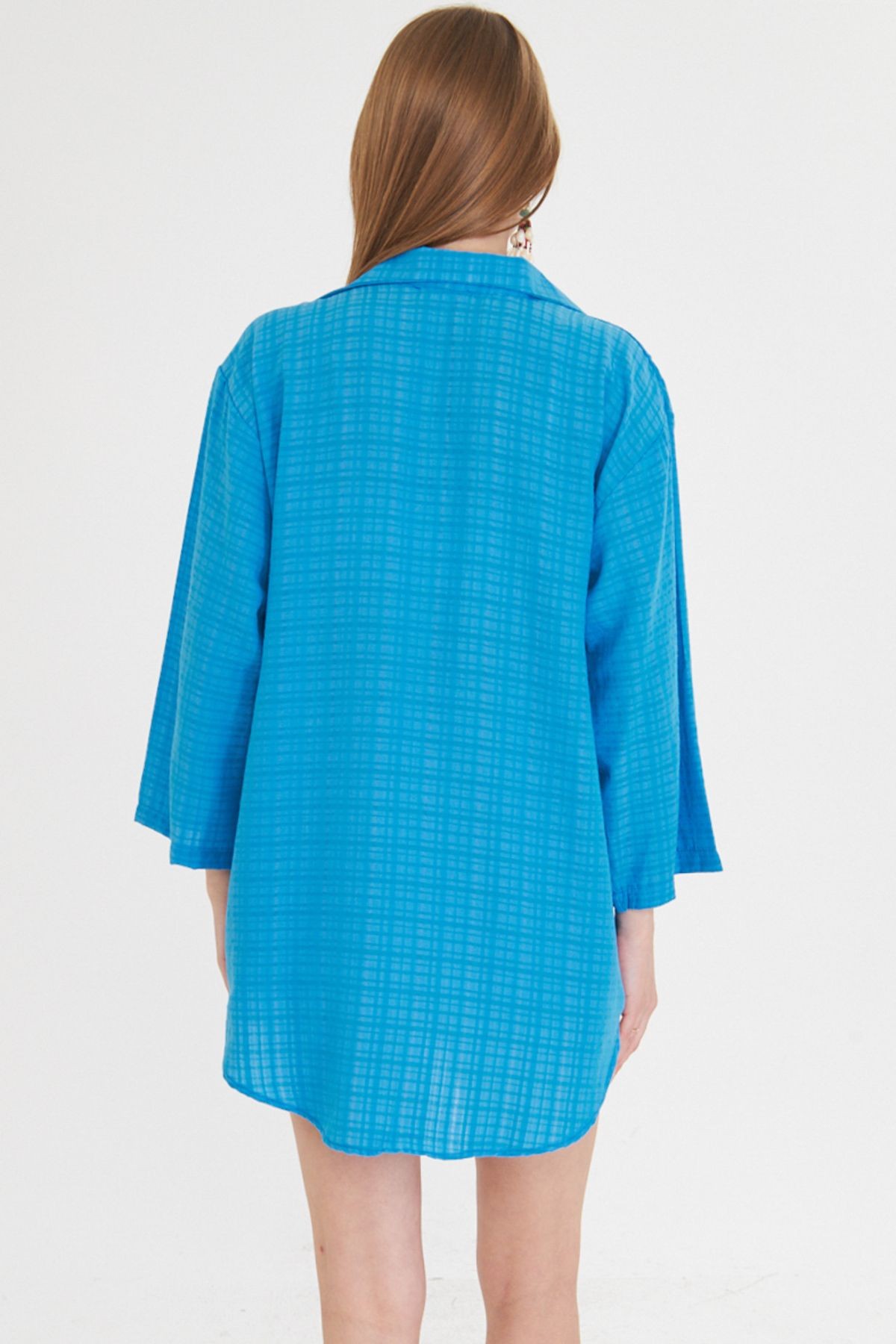 Kadın Mavi Gömlek Yakalı Önden Bağcıklı Kimono Gömlek ARM-25K001006
