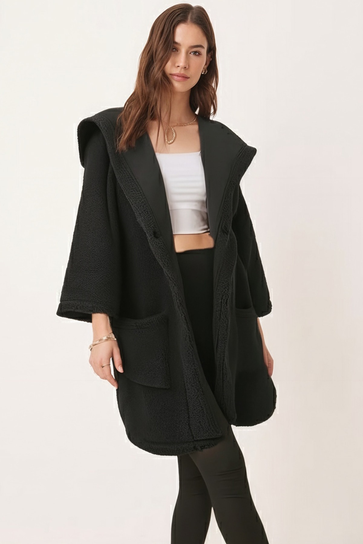 Kadın Haki Önü Düğmeli Cepli Oversize Peluş Mont ARM-21K001030