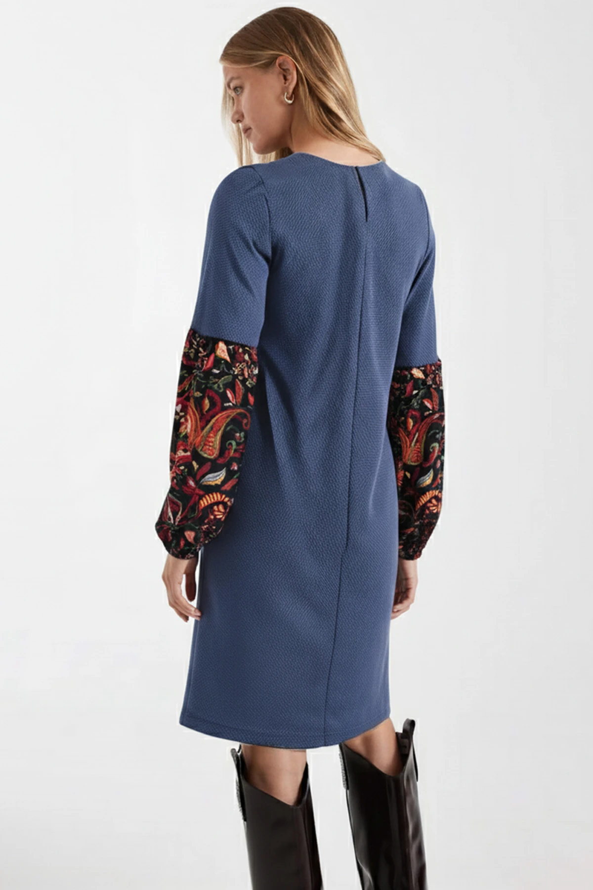 Kadın Koyu Mavi Desenli Balon Kol Elbise ARM-26K001051