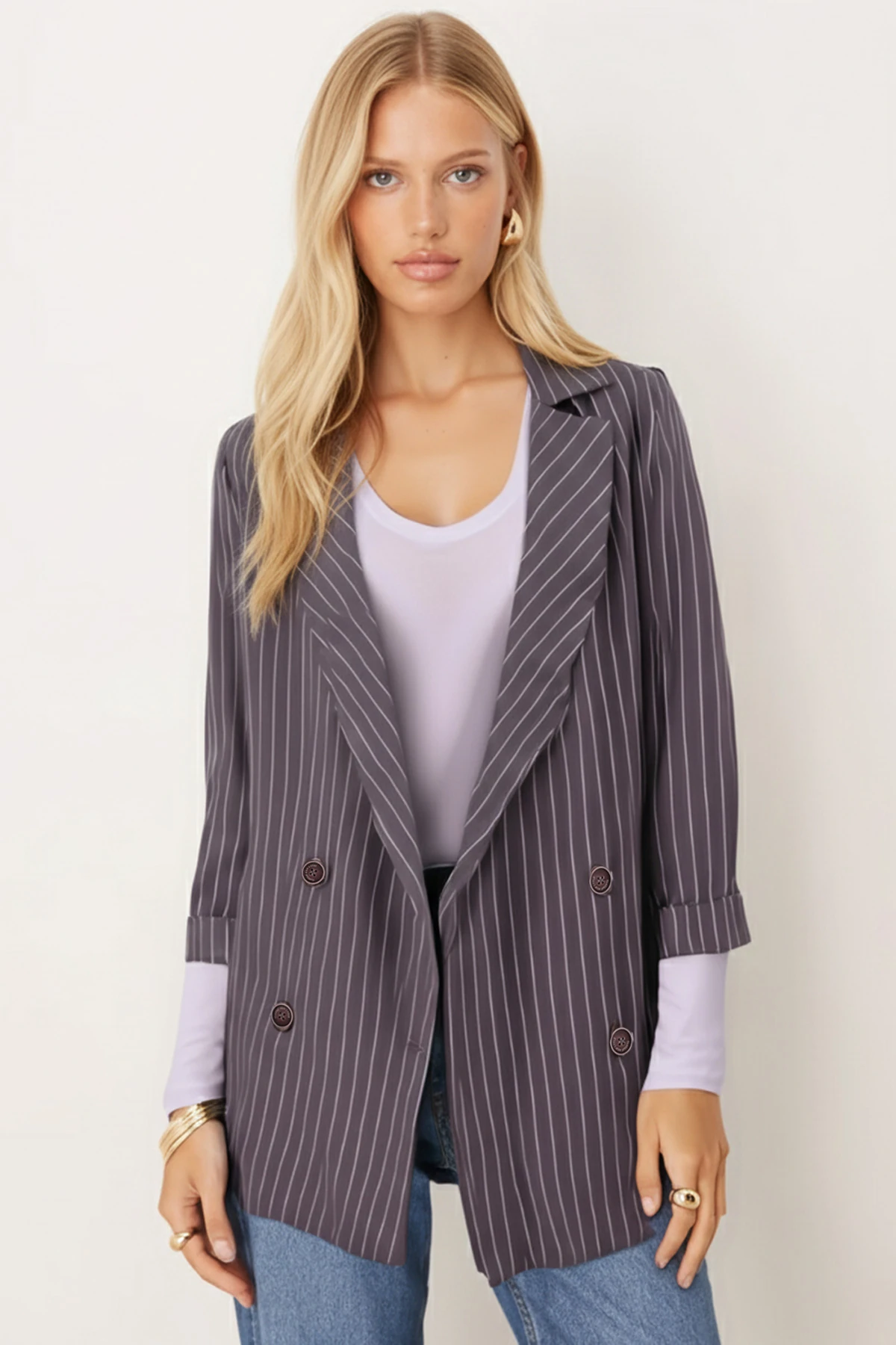 Kadın Gri Oversize Duble Kol Kruvaze Yaka Astarlı Blazer Ceket ARM-26K001052