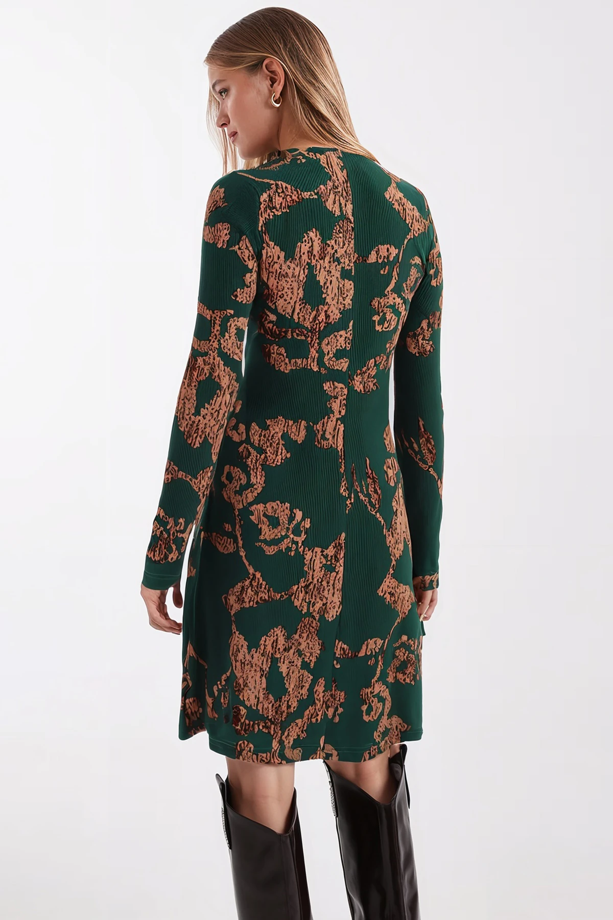 Kadın Yeşil-Bej Sıfır Yaka Uzun Kollu Elbise ARM-26K001029