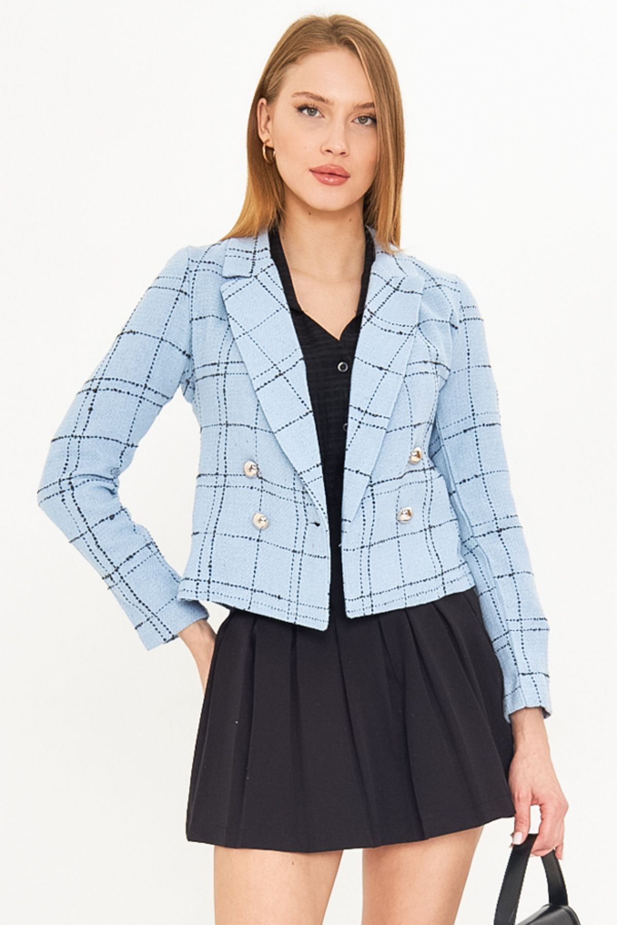 Kadın Mavi-Siyah Kruvaze Yaka Tüvit Crop Ceket ARM-24K001014