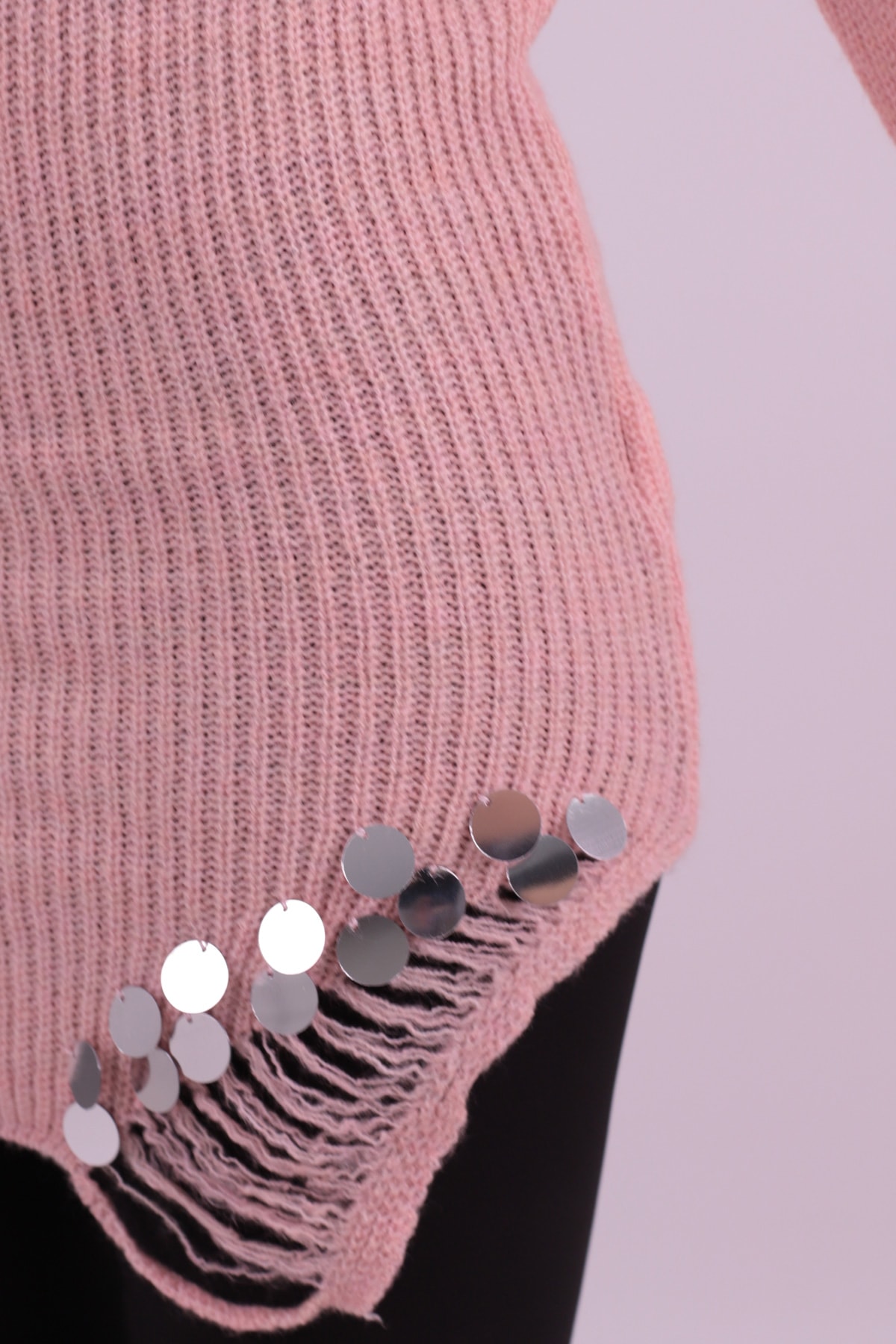 Kadın Pudra V Yaka Etek Ucu Pullu Triko Elbise ARM-26K136016