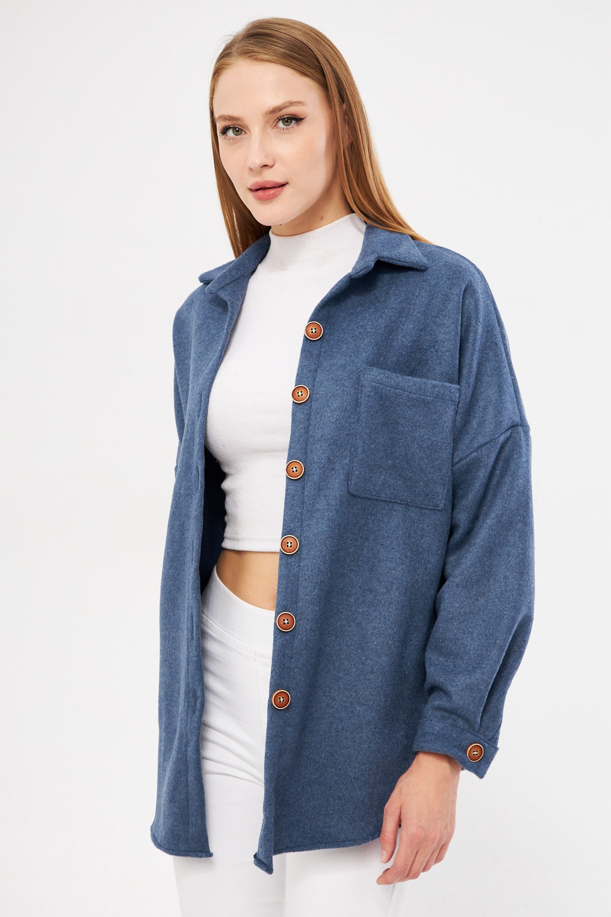 Kadın Koyu Mavi Oversize Kaşe Cepli Gömlek ARM-22Y001156