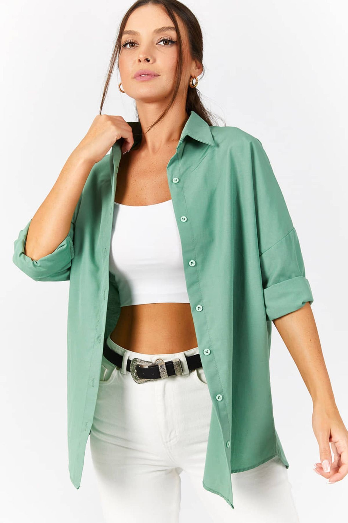 Kadın Çağla Yeşili Oversize Uzun Basic Gömlek Arm-22Y001118