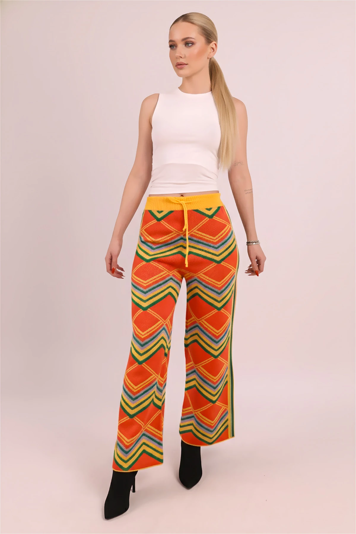 Kadın Sarı Beli Bağlamalı Renkli Triko Pantolon ARM-26K136022