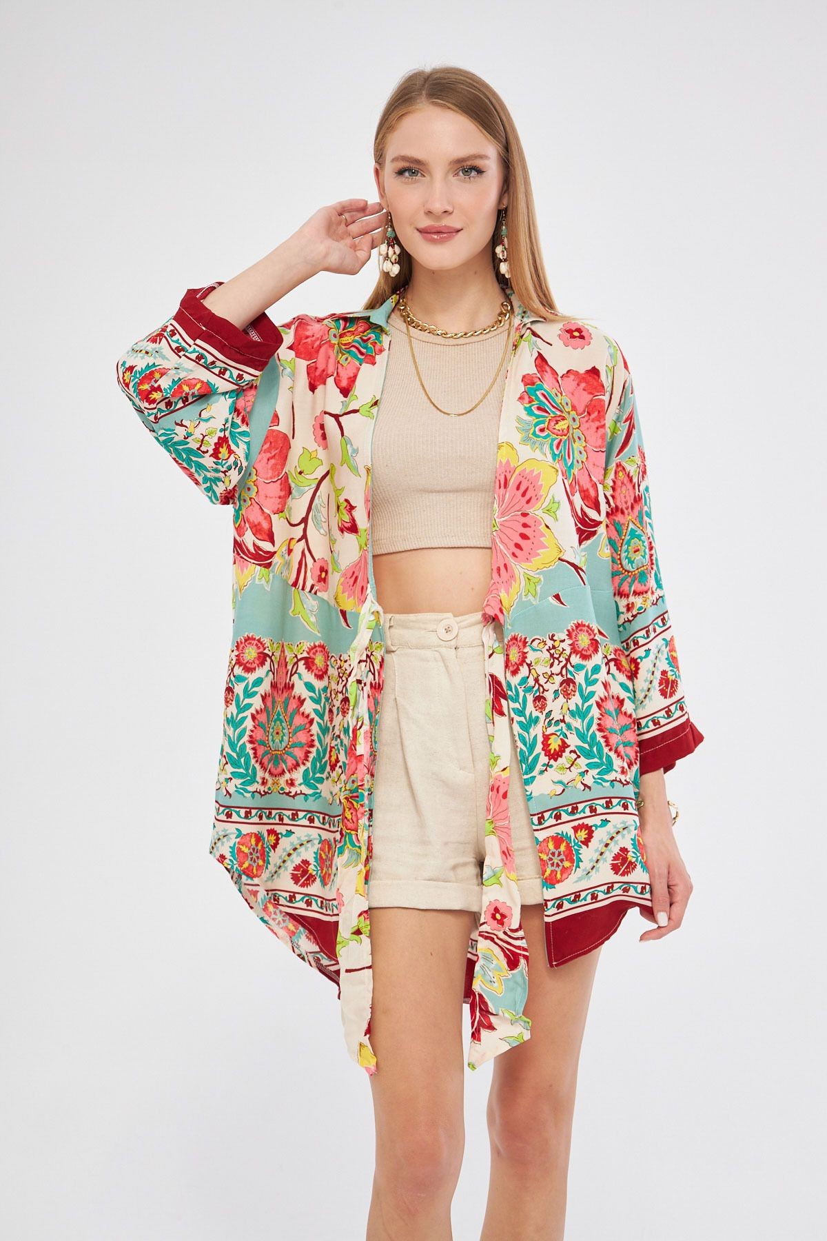 Kadın Bordo Desenli Önden Bağlamalı Kimono Gömlek ARM-24Y001080