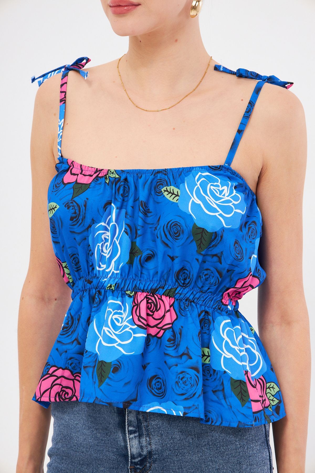 Kadın Saks Desenli Beli Lastikli Askıları Bağlama Detaylı Straplez Crop Bluz ARM-24Y001116