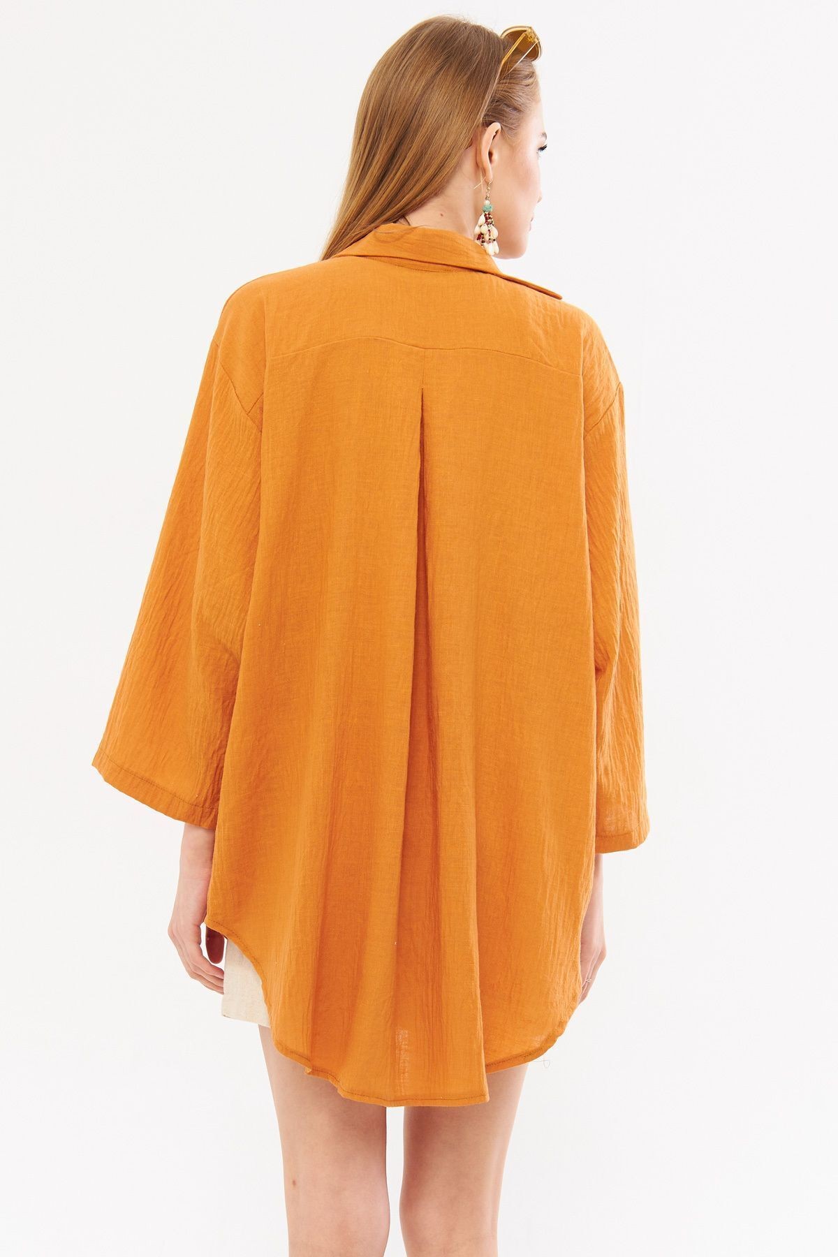 Kadın Kiremit Keten Görünümlü Önden Bağlamalı Kimono Gömlek ARM-24Y001063