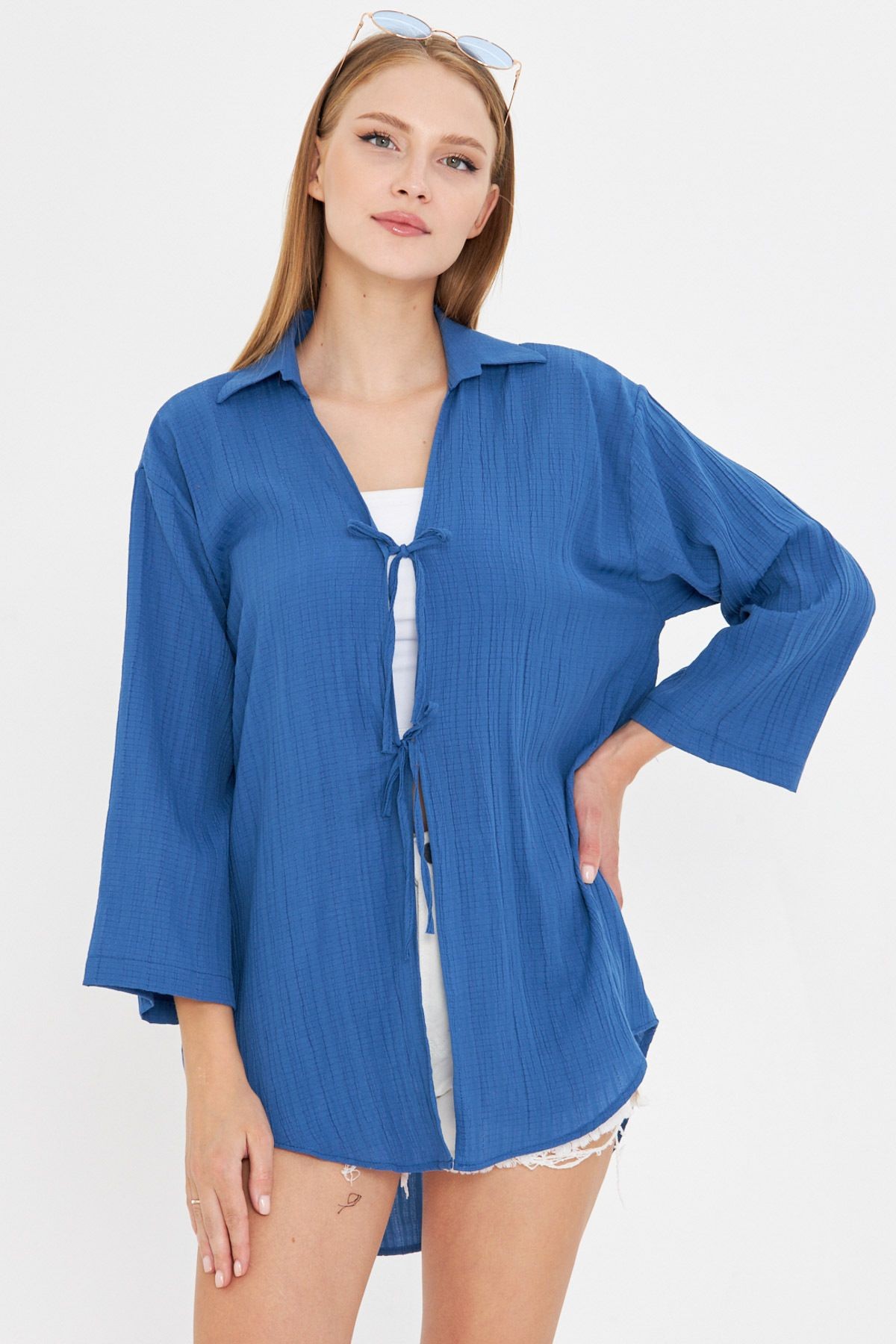 Kadın Koyu Mavi Gömlek Yaka Önden Bağcıklı Kimono ARM-25K001006