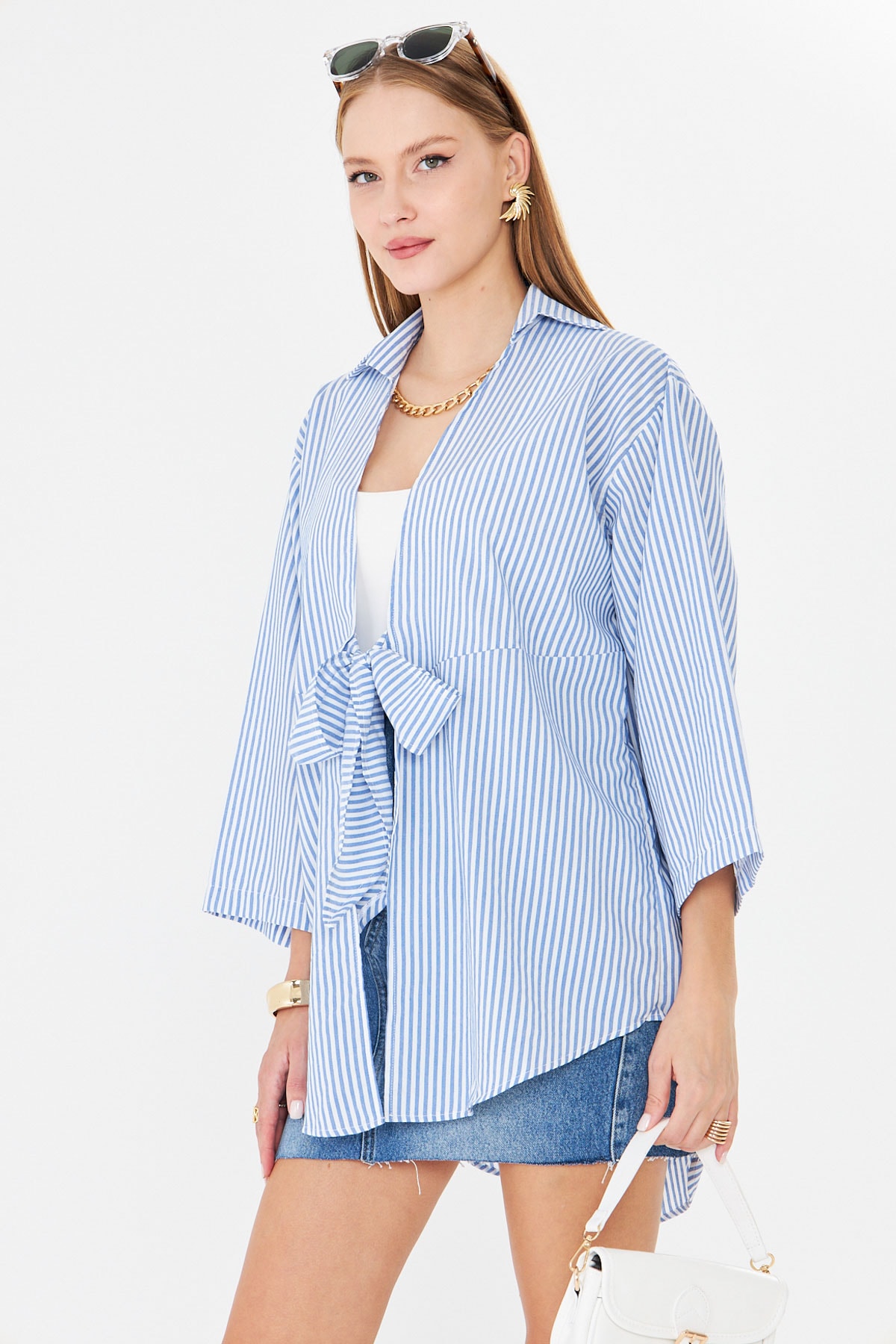Kadın Mavi Çizgili Önden Bağlamalı Kimono Gömlek ARM-25Y001085