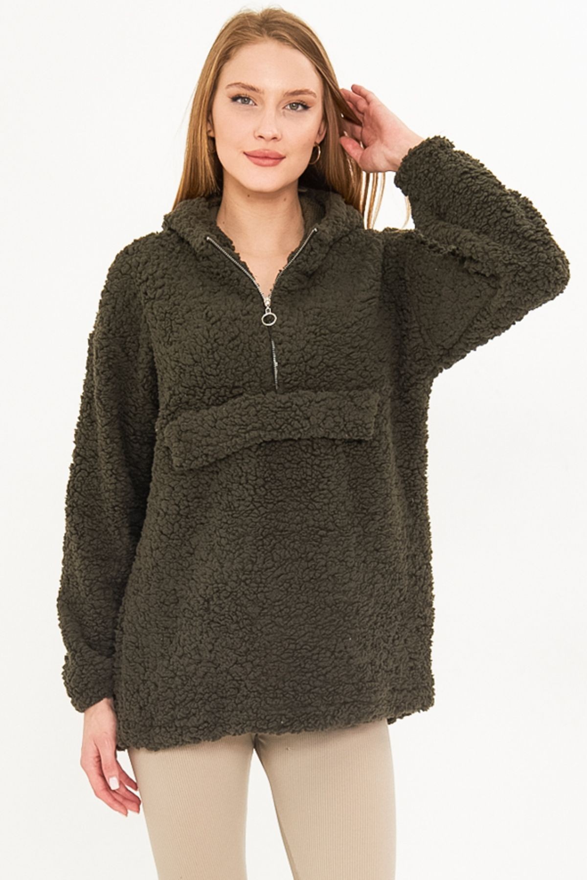 Kadın Haki Kapüşonlu Cep Kapaklı Peluş Sweatshirt ARM-25K001090