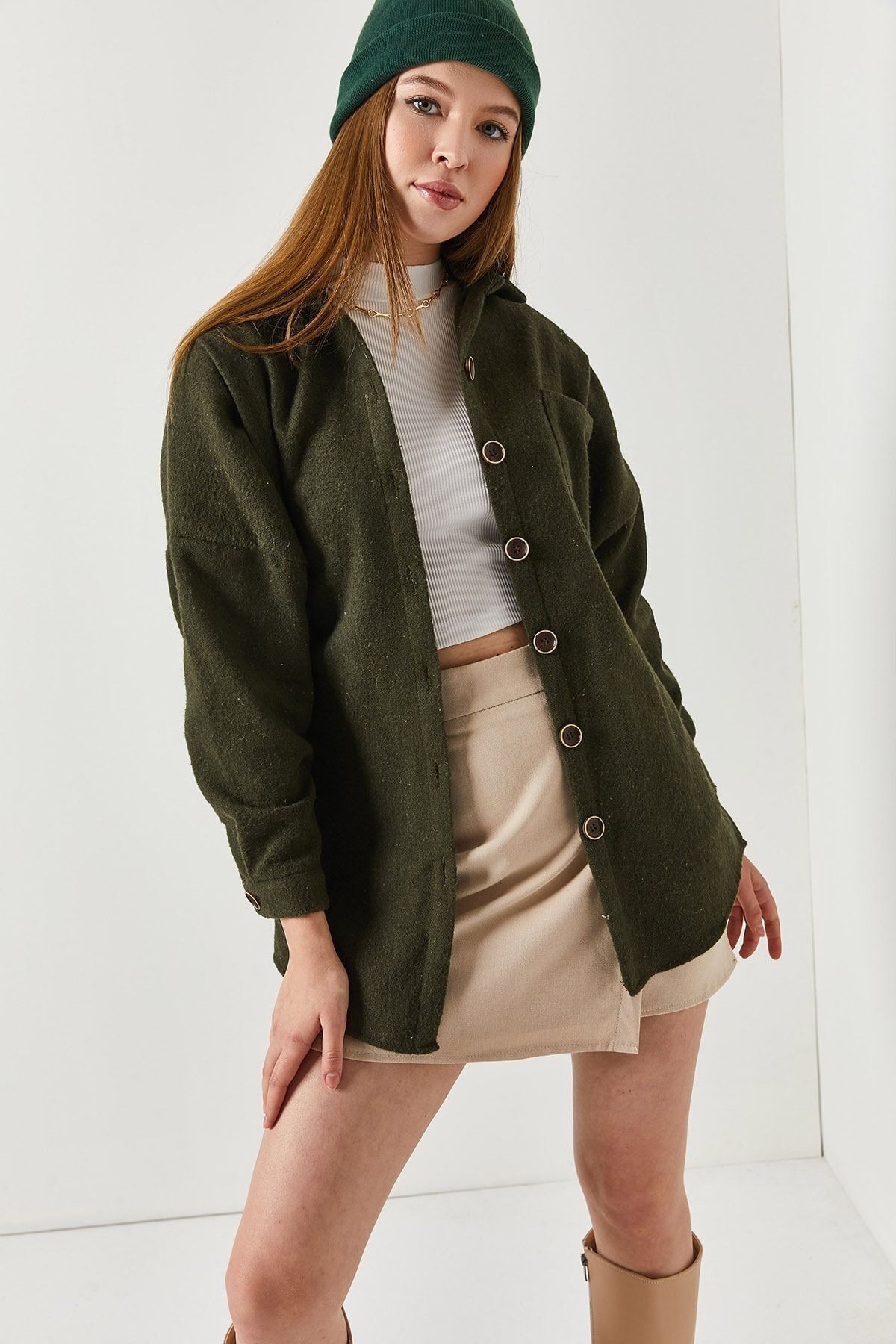 Kadın Haki Oversize Kaşe Cepli Gömlek ARM-22Y001156
