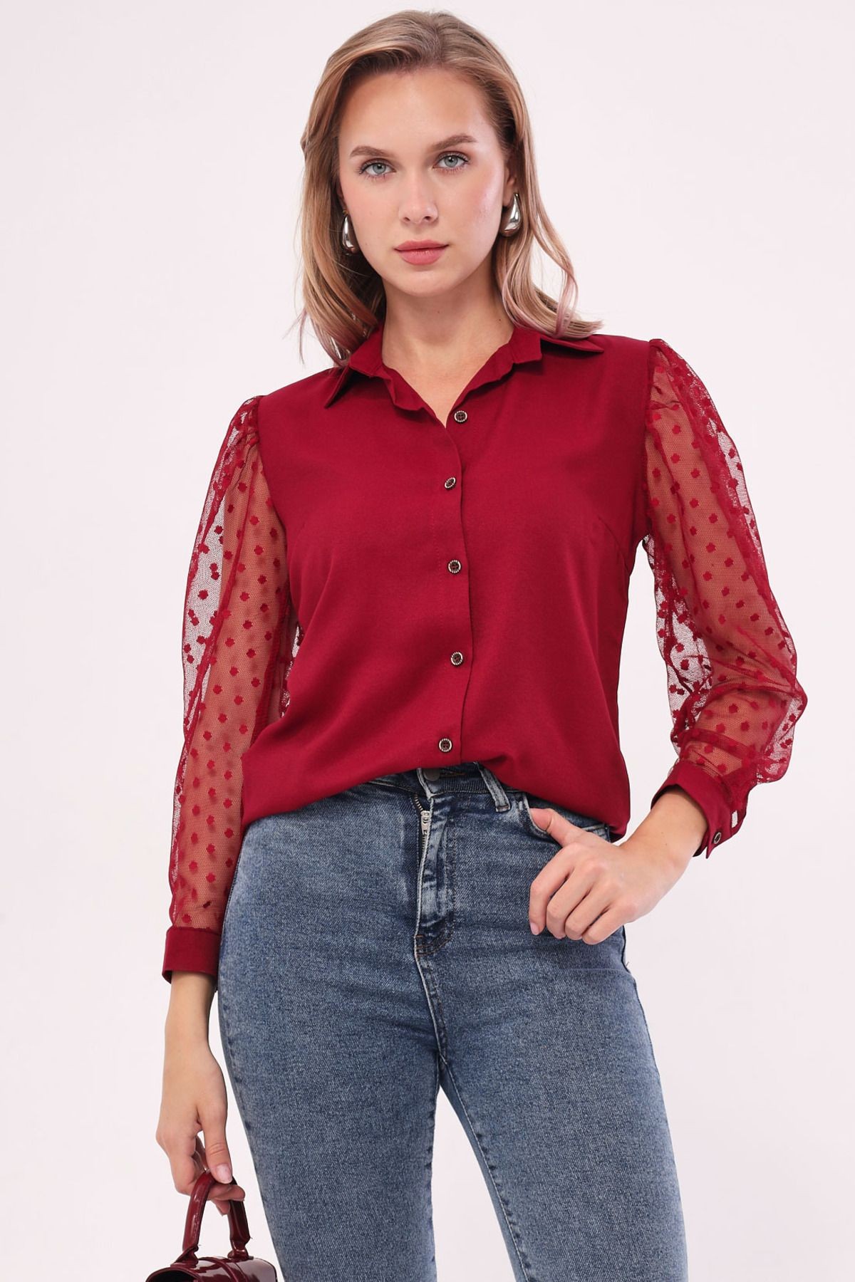 Kadın Bordo Kolları Tül Gömlek ARM-20K001068
