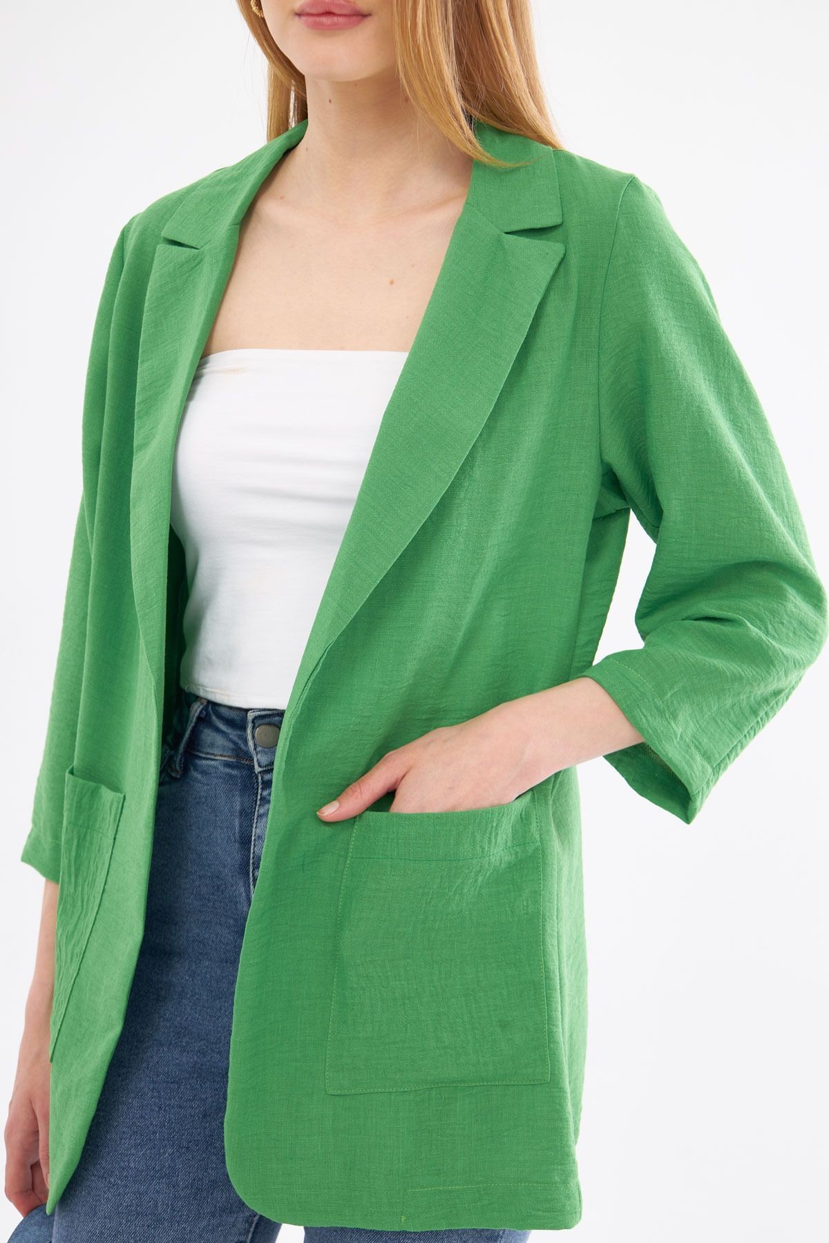 Kadın Yeşil Keten Görünümlü Cepli Oversize Ceket ARM-24Y001065