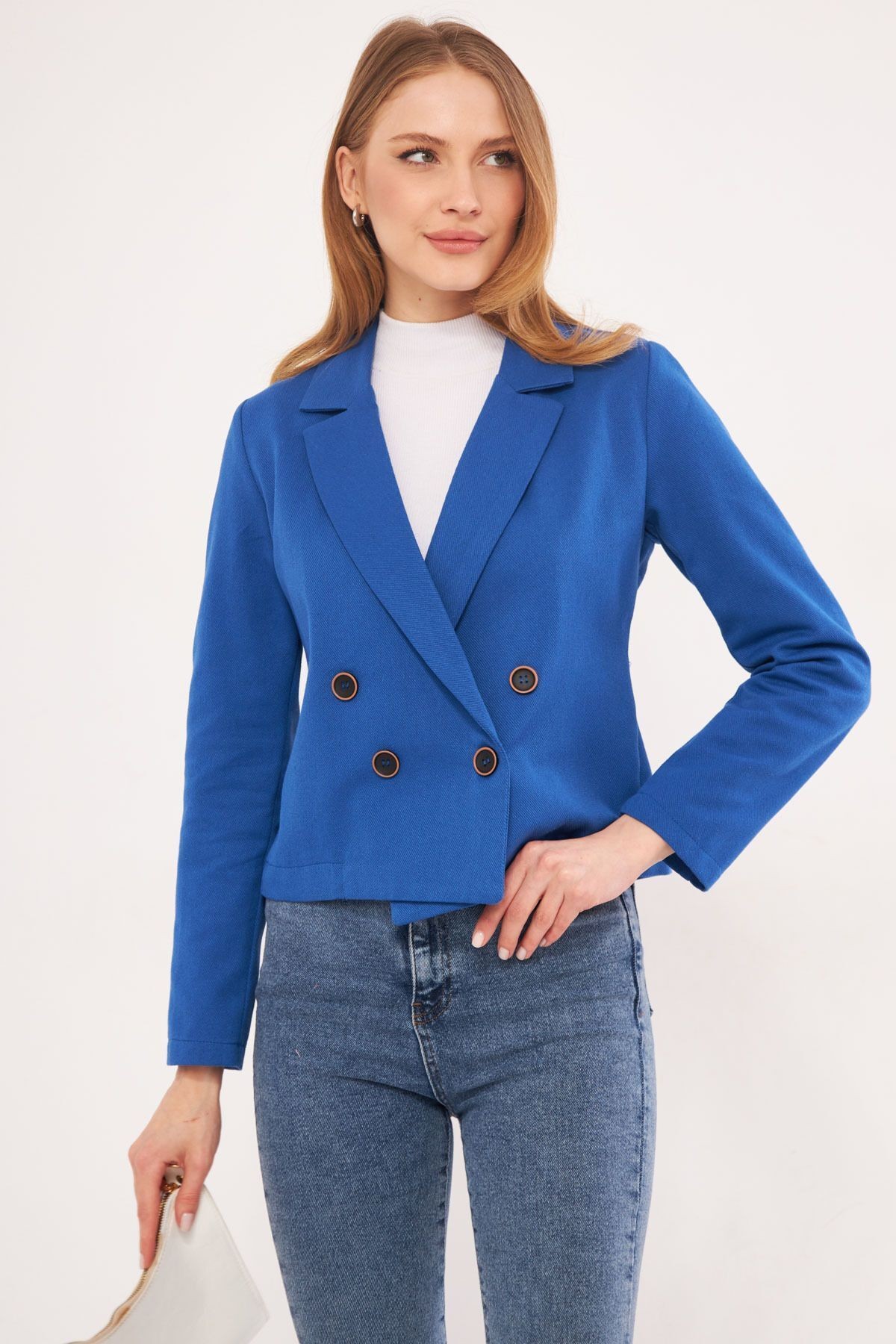 Kadın Saks Kruvaze Yaka Gabardin Crop Ceket ARM-24Y001010