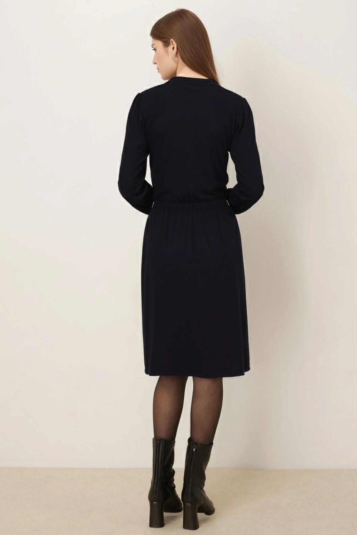 Kadın Lacivert Kadife V Yaka Beli Lastikli İnce Fitilli Kloş Elbise ARM-25K001049