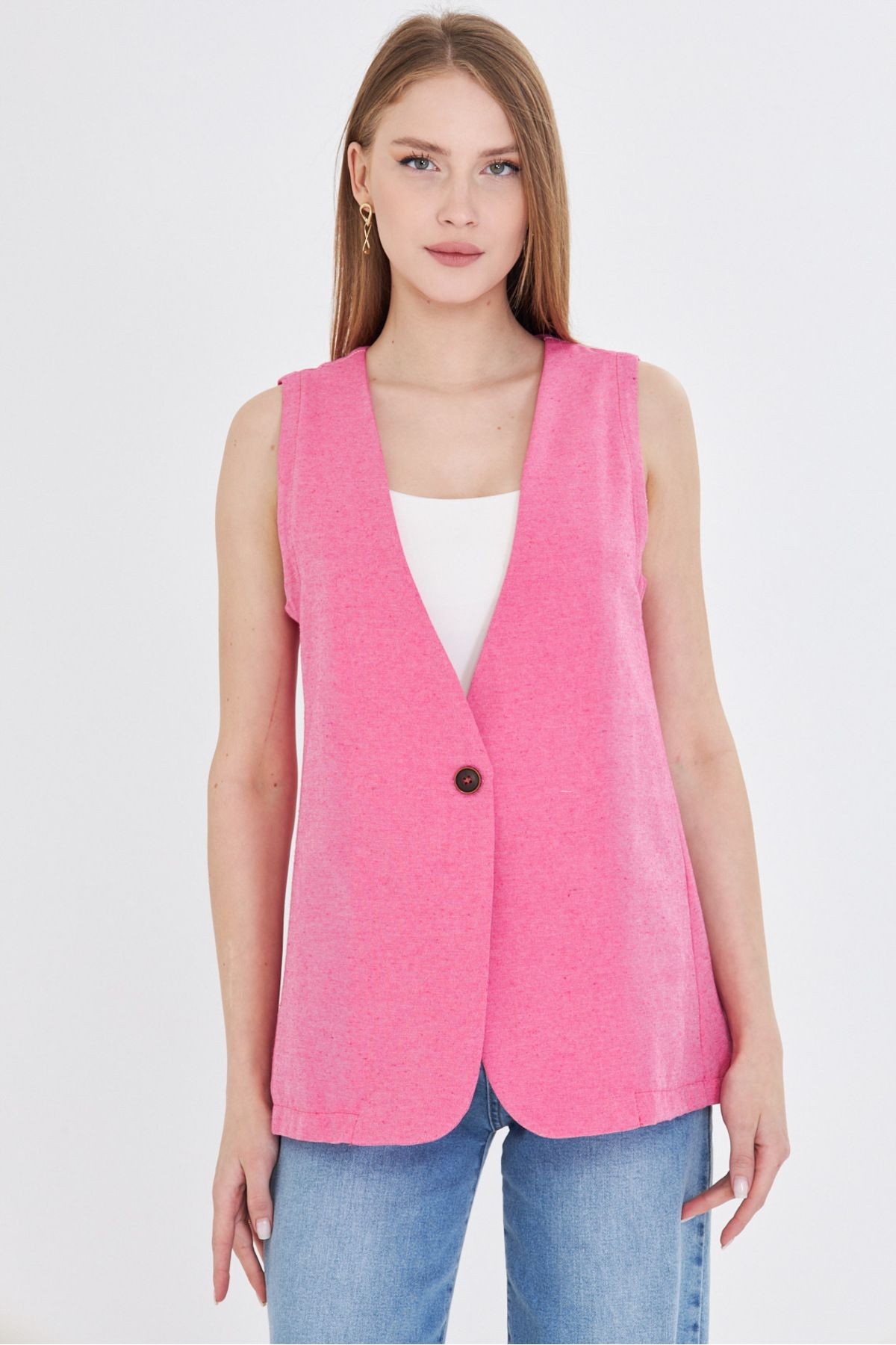 Kadın Fuşya V Yaka Tek Düğme Oversize Yelek ARM-25Y001036