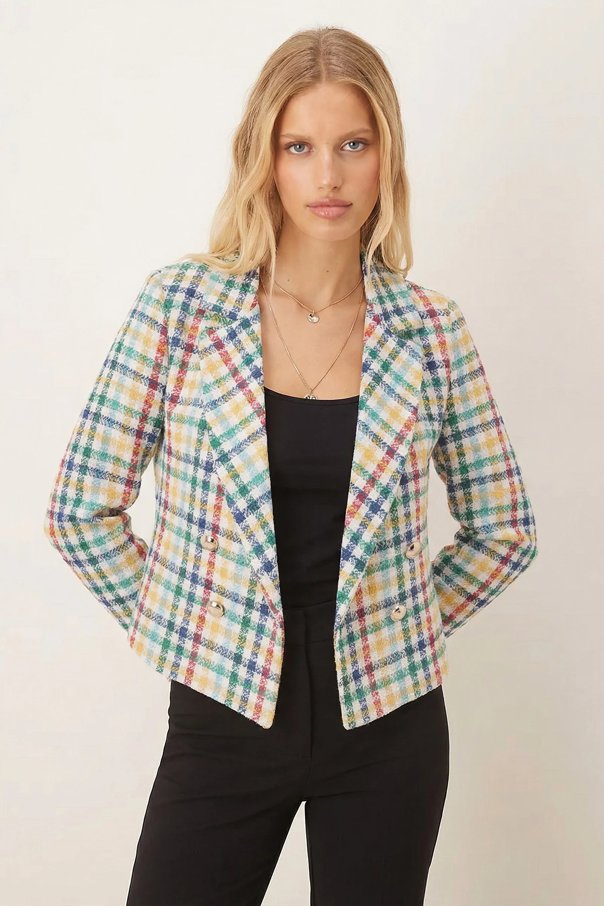 Kadın Sarı-Kırmızı Kruvaze Yaka Tüvit Crop Ceket ARM-24K001014