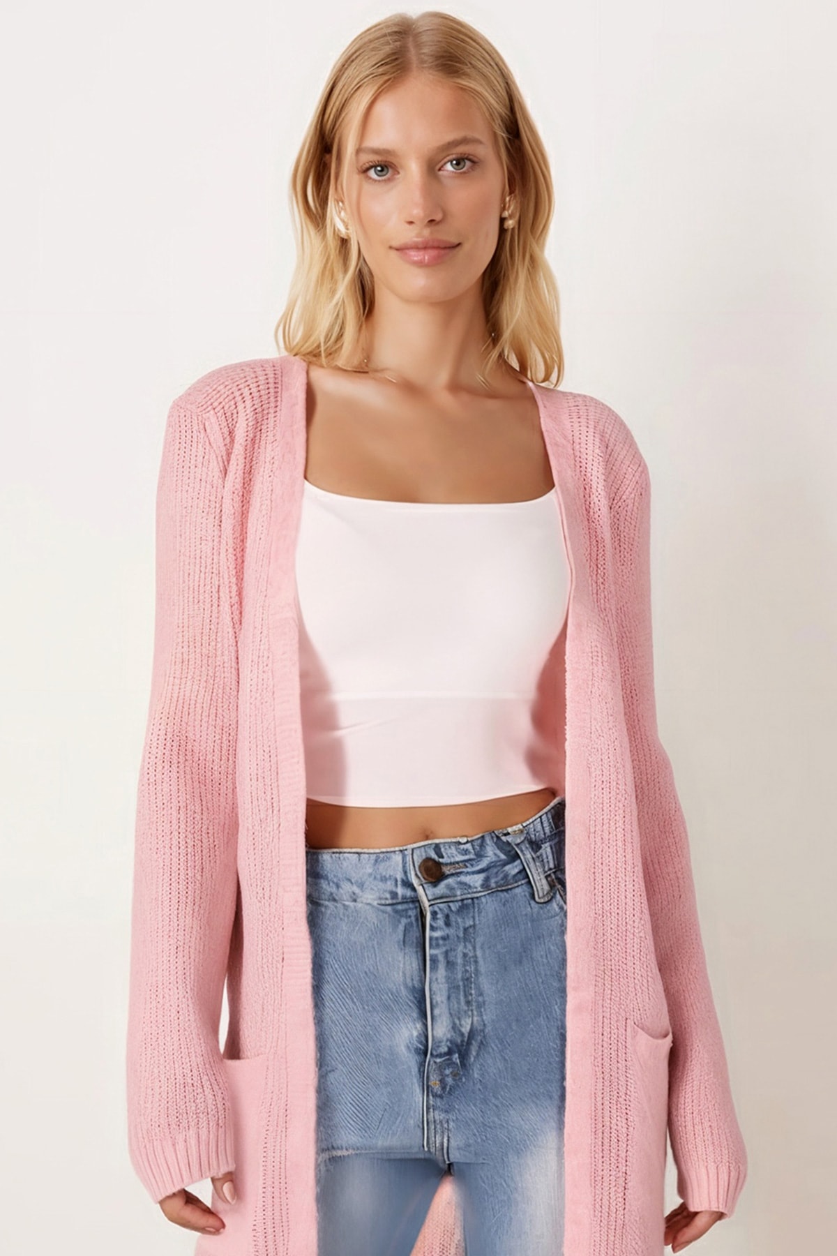 Kadın Toz Pembe Cepli Uzun Triko Hırka ARM-26K069003