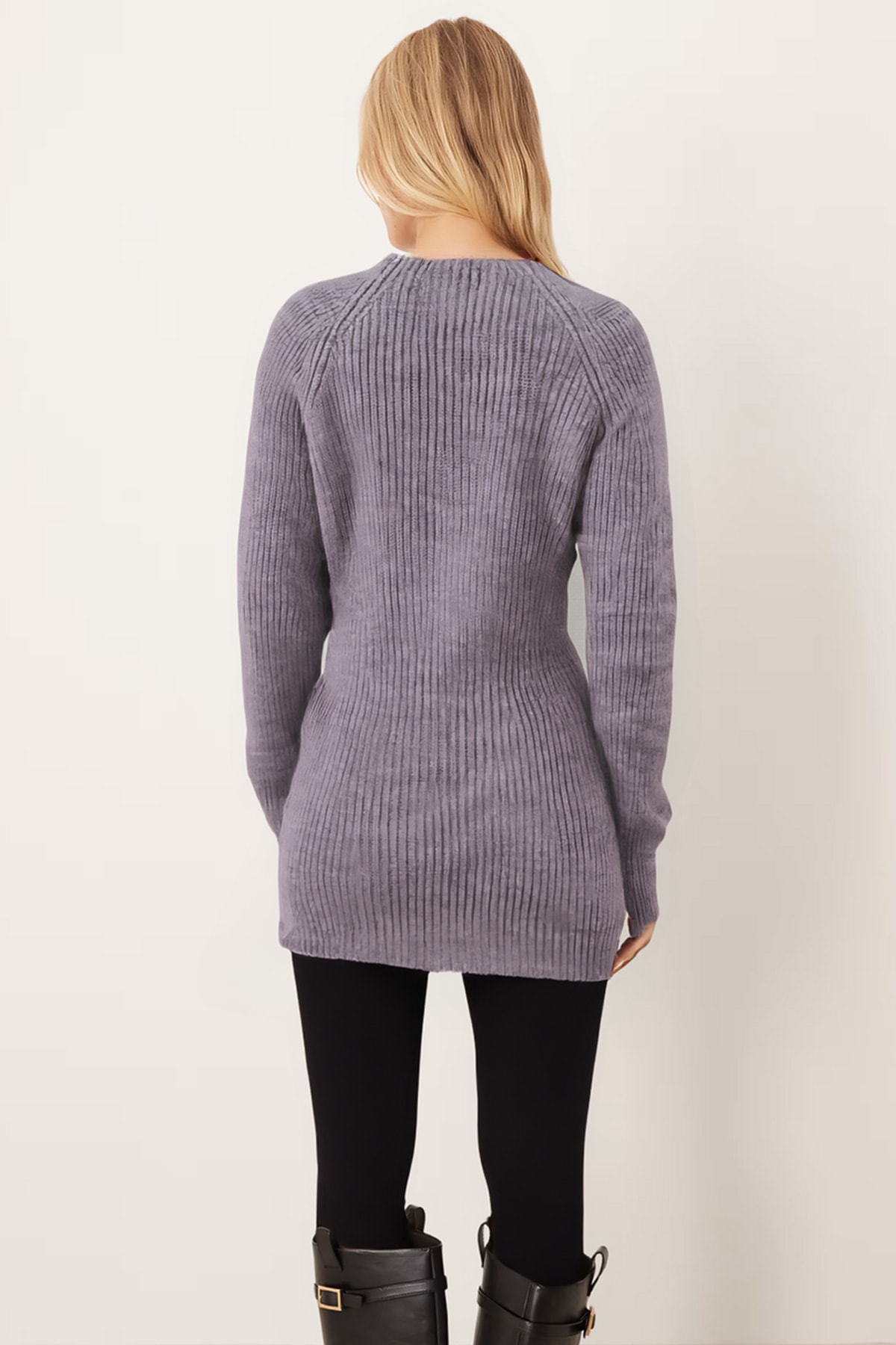 Kadın Gri V Yaka Pul İşlemeli Triko Elbise ARM-26K136011