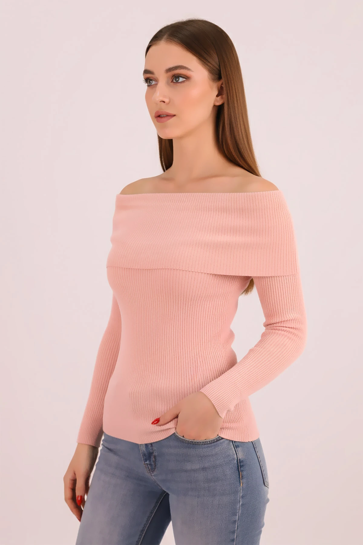 Kadın Pudra Madonna Yaka Triko Kazak ARM-26K136062