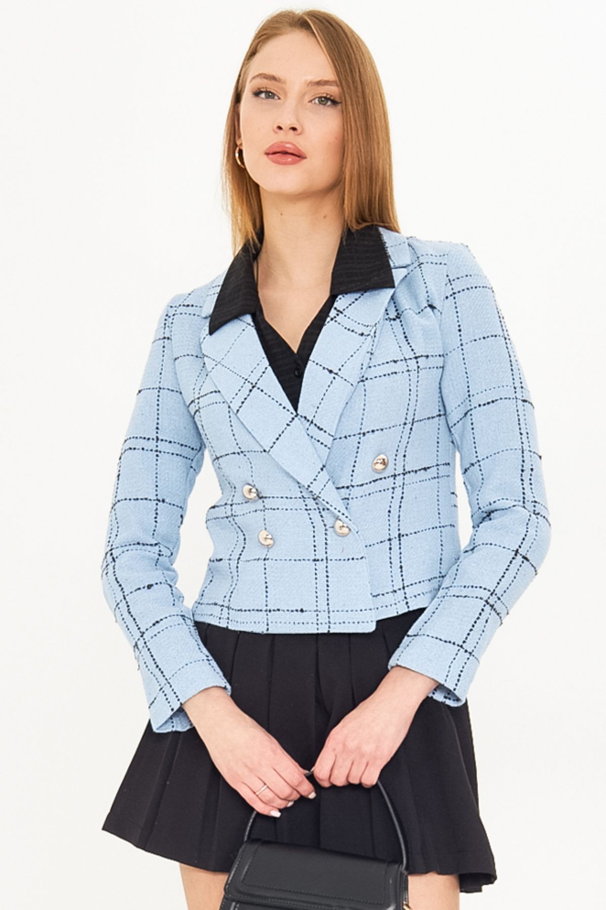Kadın Mavi-Siyah Kruvaze Yaka Tüvit Crop Ceket ARM-24K001014