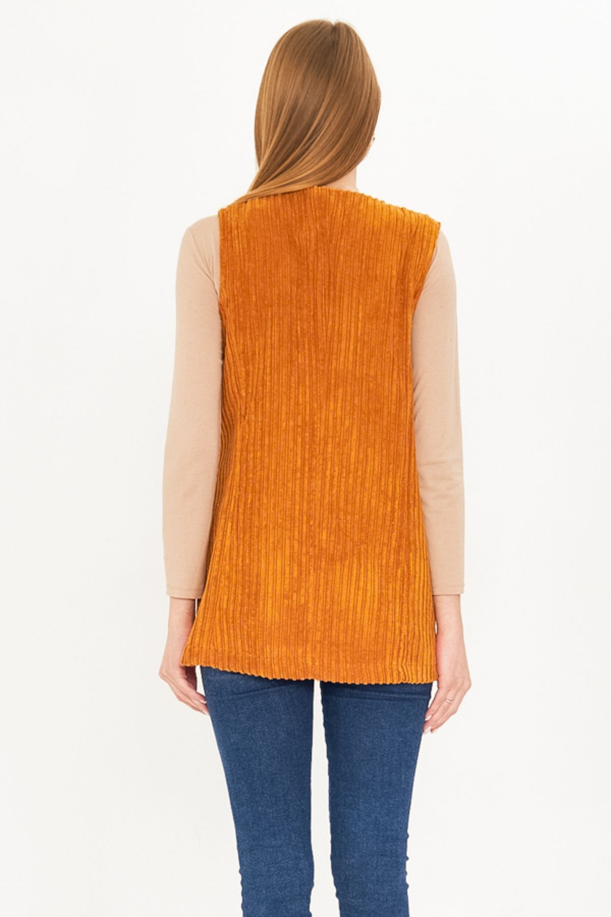 Kadın Hardal V Yaka Tek Düğmeli Oversize Kalın Fitilli Kadife Yelek ARM-25K001016