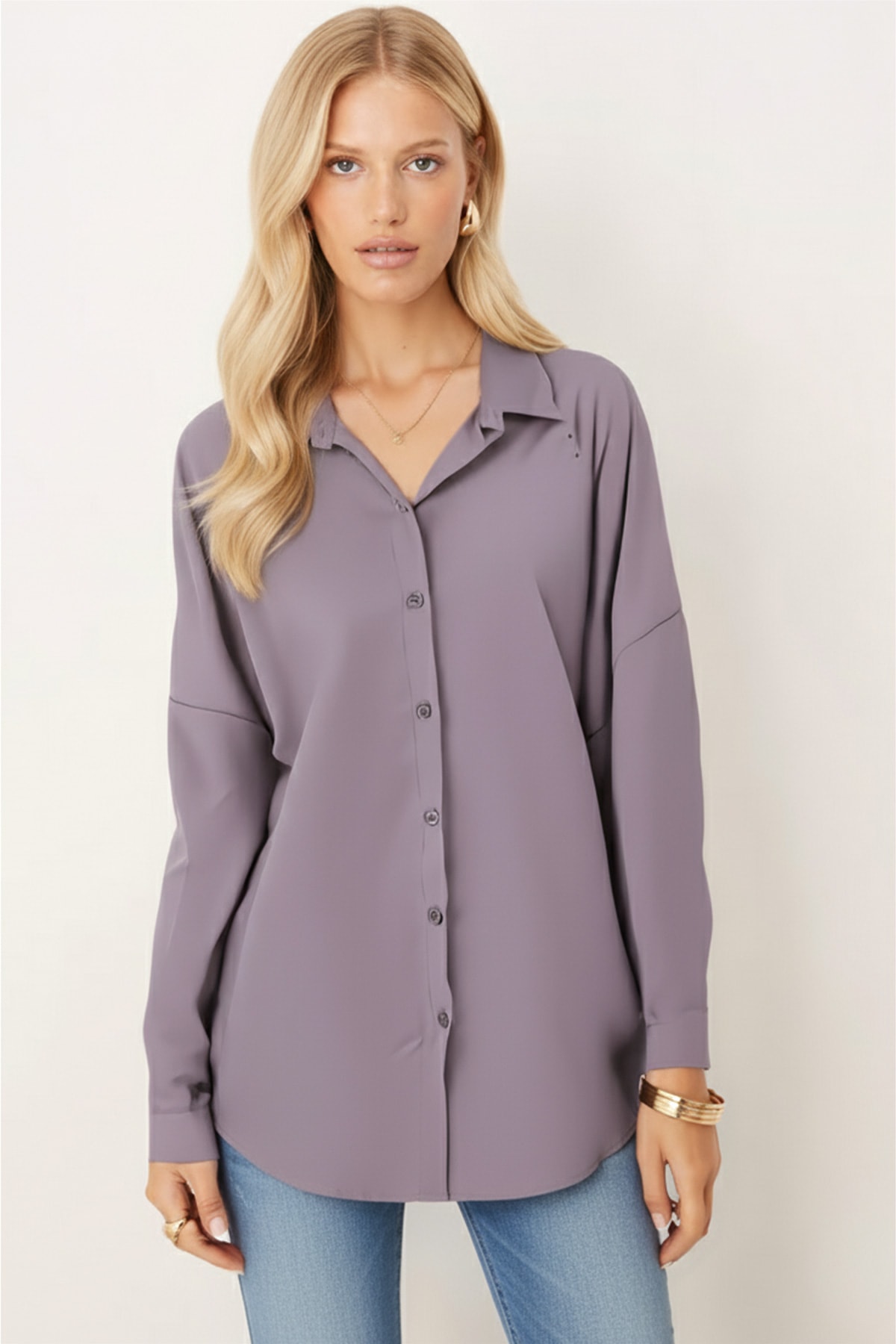 Kadın Koyu Gri Oversize Uzun Basic Gömlek ARM-22Y001118