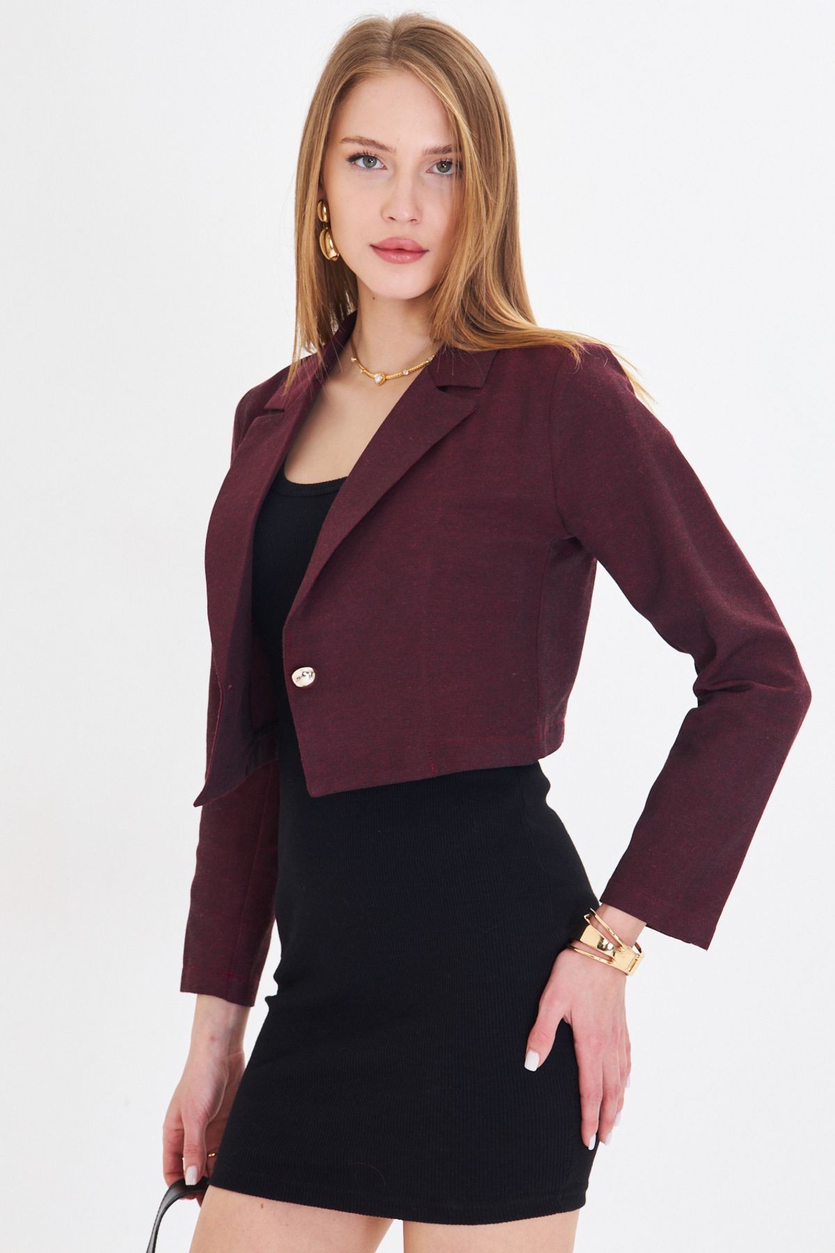 Kadın Bordo Tek Düğmeli Crop Ceket ARM-23Y001064