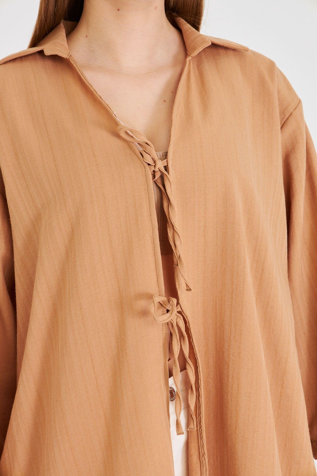 Kadın Camel Gömlek Yakalı Önden Bağcıklı Kimono Gömlek ARM-25K001006