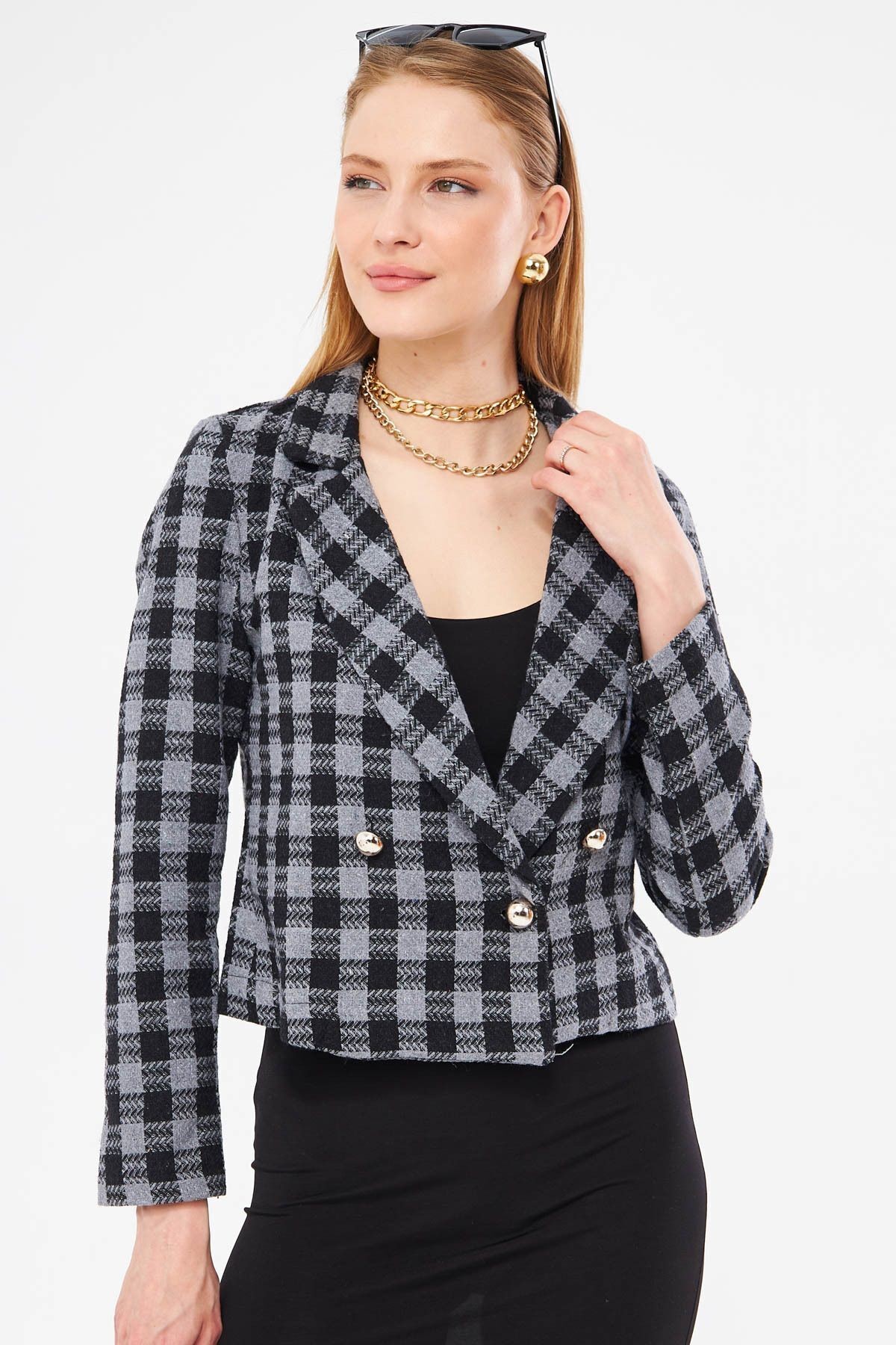 Kadın Füme Kruvaze Yaka Tüvit Crop Ceket ARM-24K001014