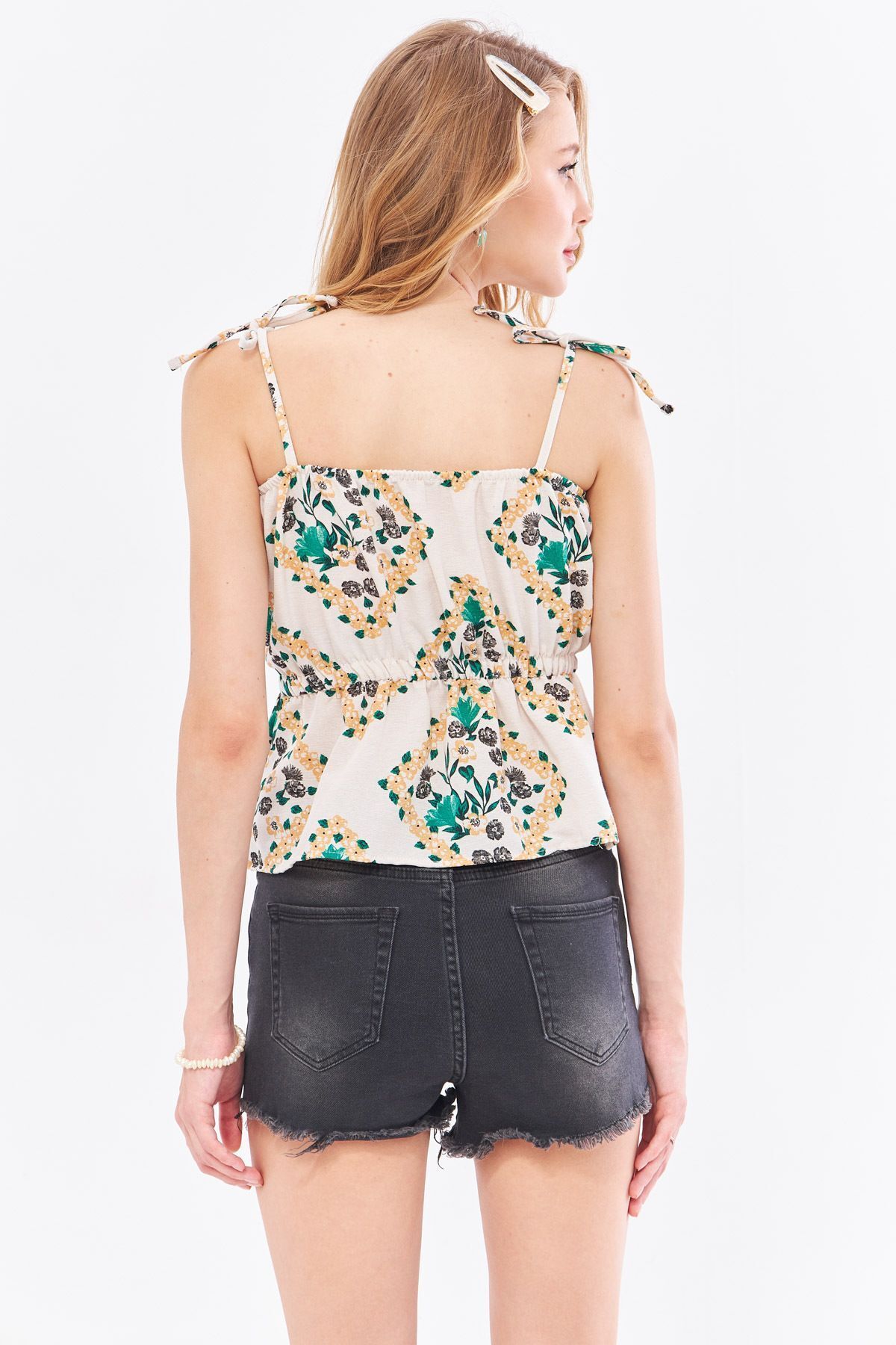 Kadın Koyu Yeşil Desenli Keten Görünümlü Beli Lastikli Askıları Bağlamalı Straplez Crop Bluz