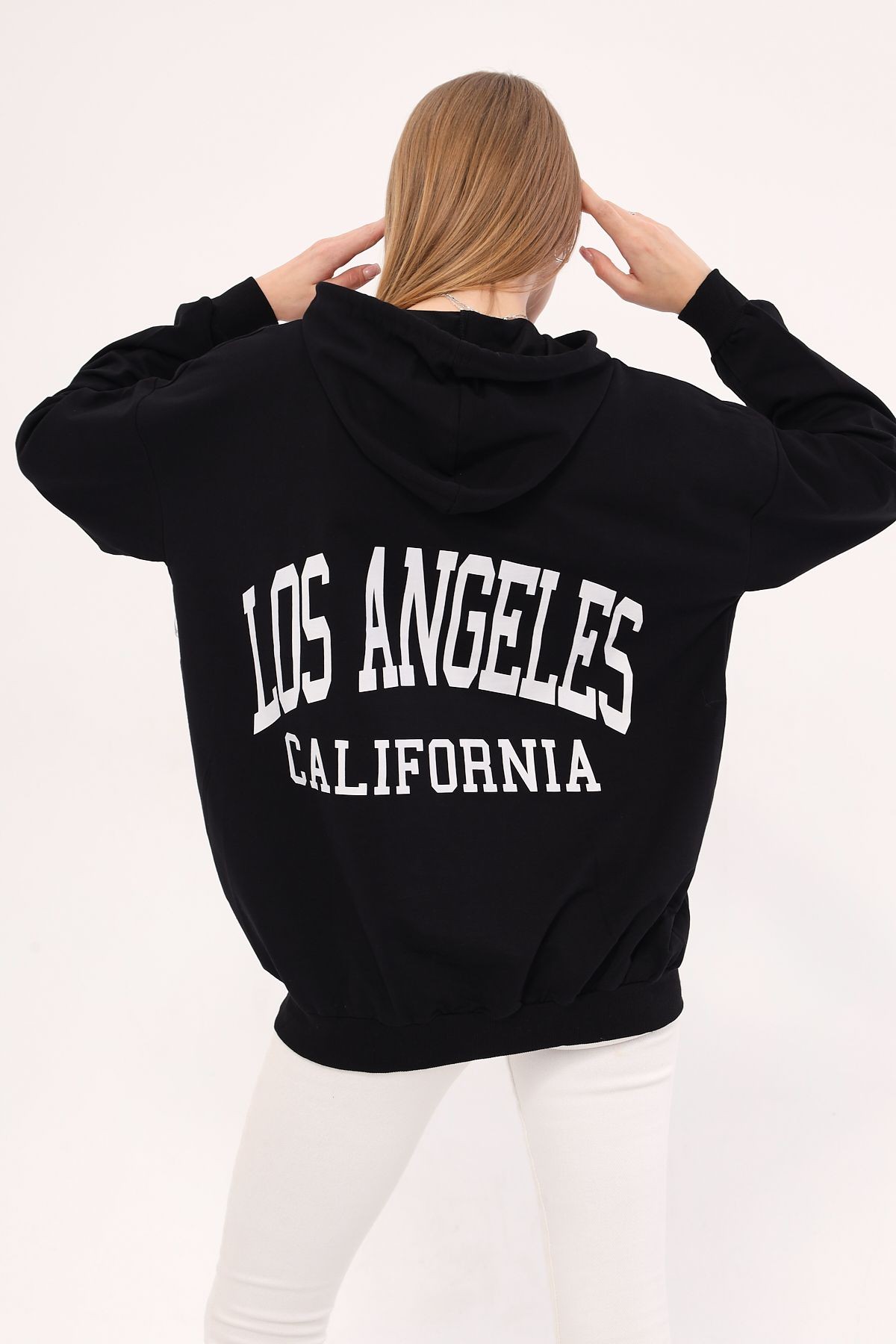 Kadın Siyah Los Angeles Baskılı Kapüşonlu Oversize Sweatshirt ARM-25K001026