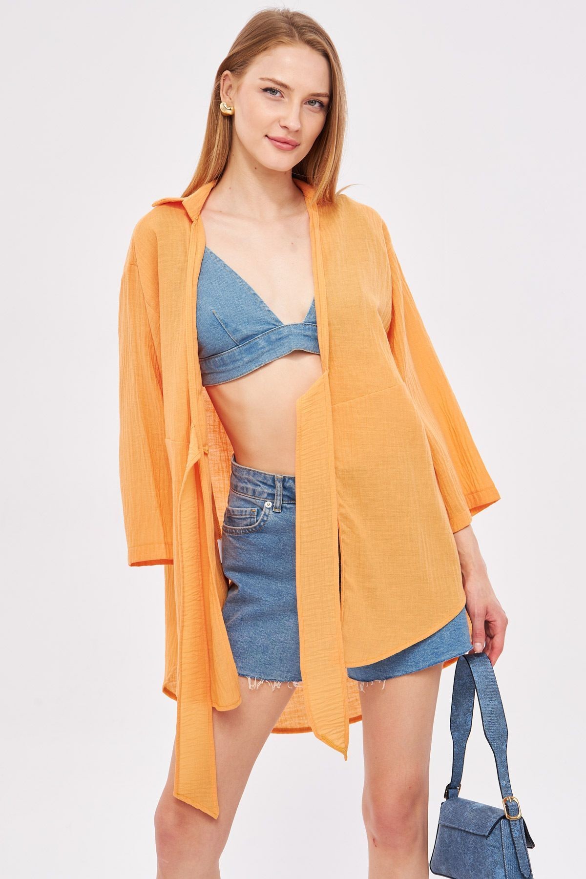 Kadın Yavruağzı Keten Görünümlü Önden Bağlamalı Kimono Gömlek ARM-24Y001063