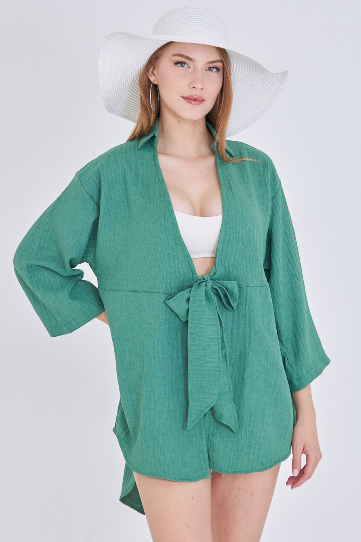 Kadın Koyu Yeşil Keten Görünümlü Önden Bağlamalı Kimono Gömlek ARM-24Y001063