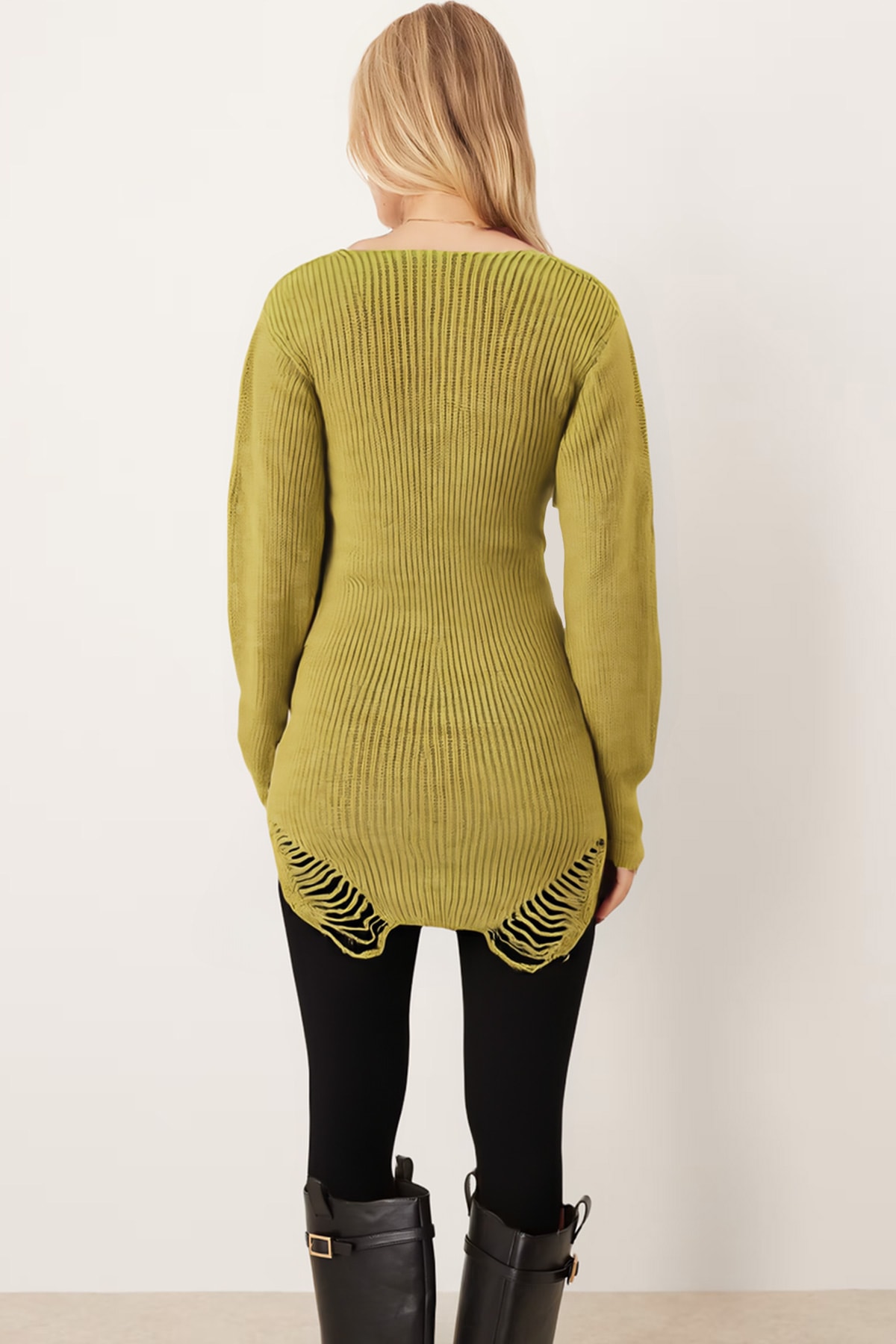 Kadın Yağ Yeşili V Yaka Etek Ucu Yırtıklı Triko Elbise ARM-26K136008