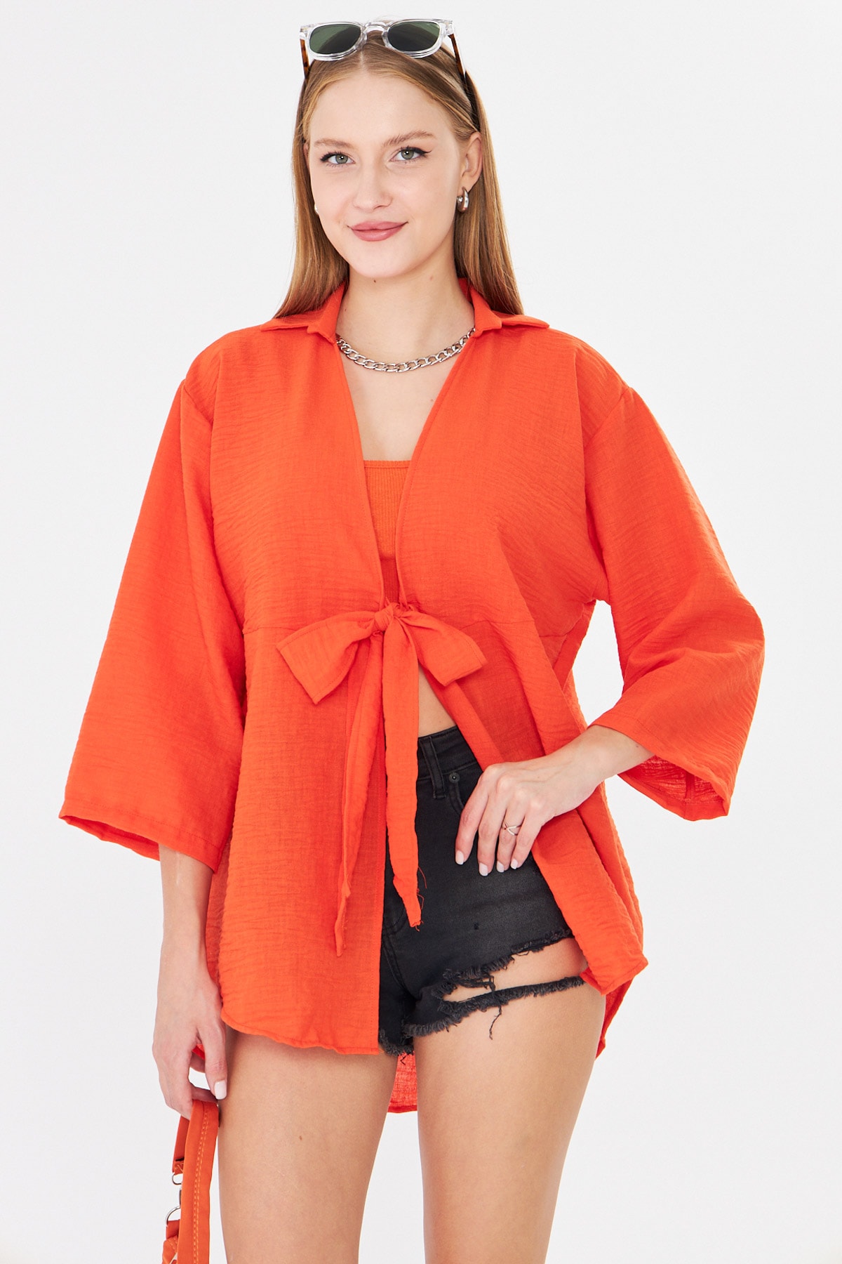 Kadın Oranj Kendinden Çizgili Önden Bağlamalı Kimono Gömlek ARM-24Y001101