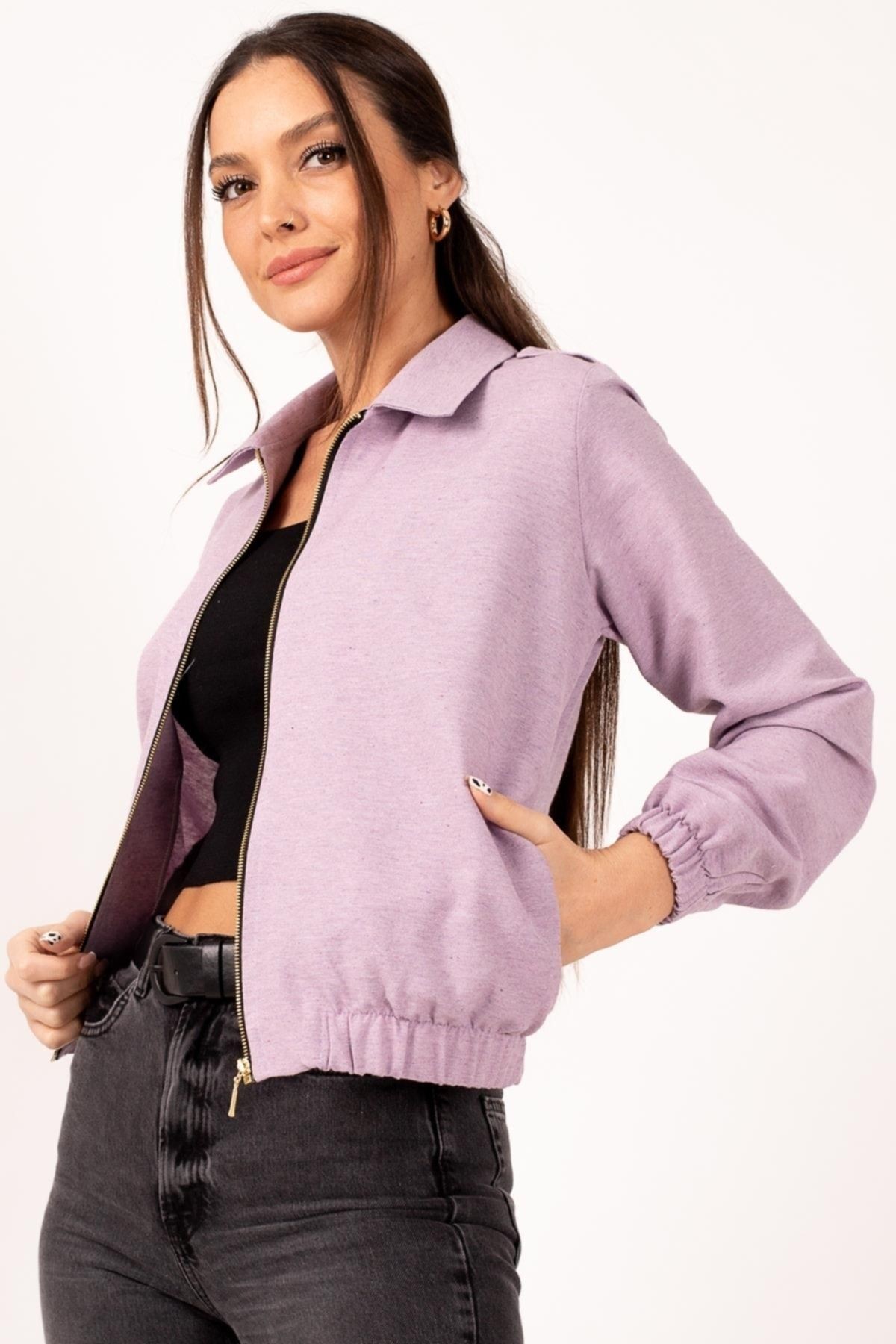 Kadın Lila Önü Fermuarlı Gabardin Mont ARM-22K001068