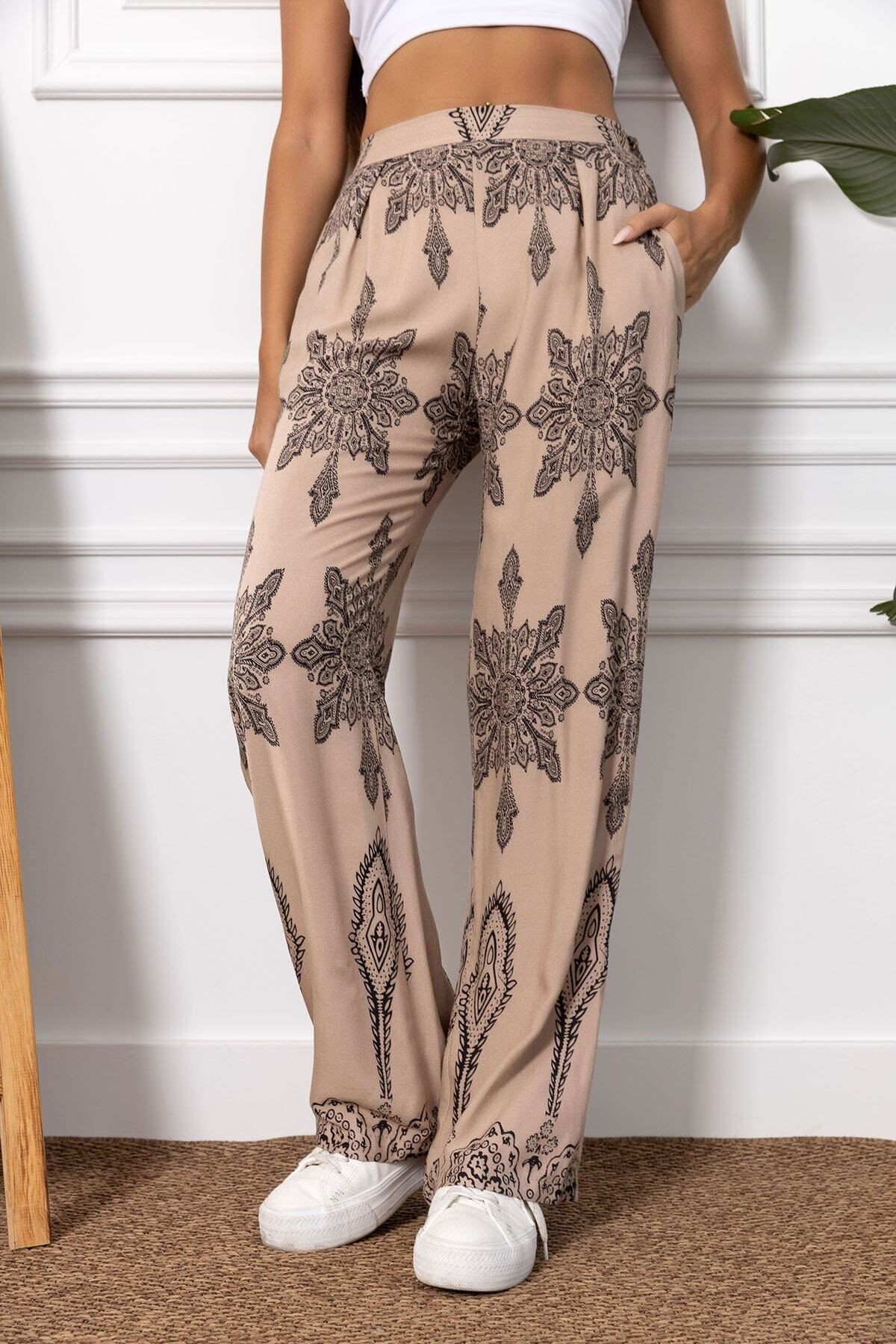 Kadın Vizon Desenli Bol Paça Pantolon ARM-23Y001124