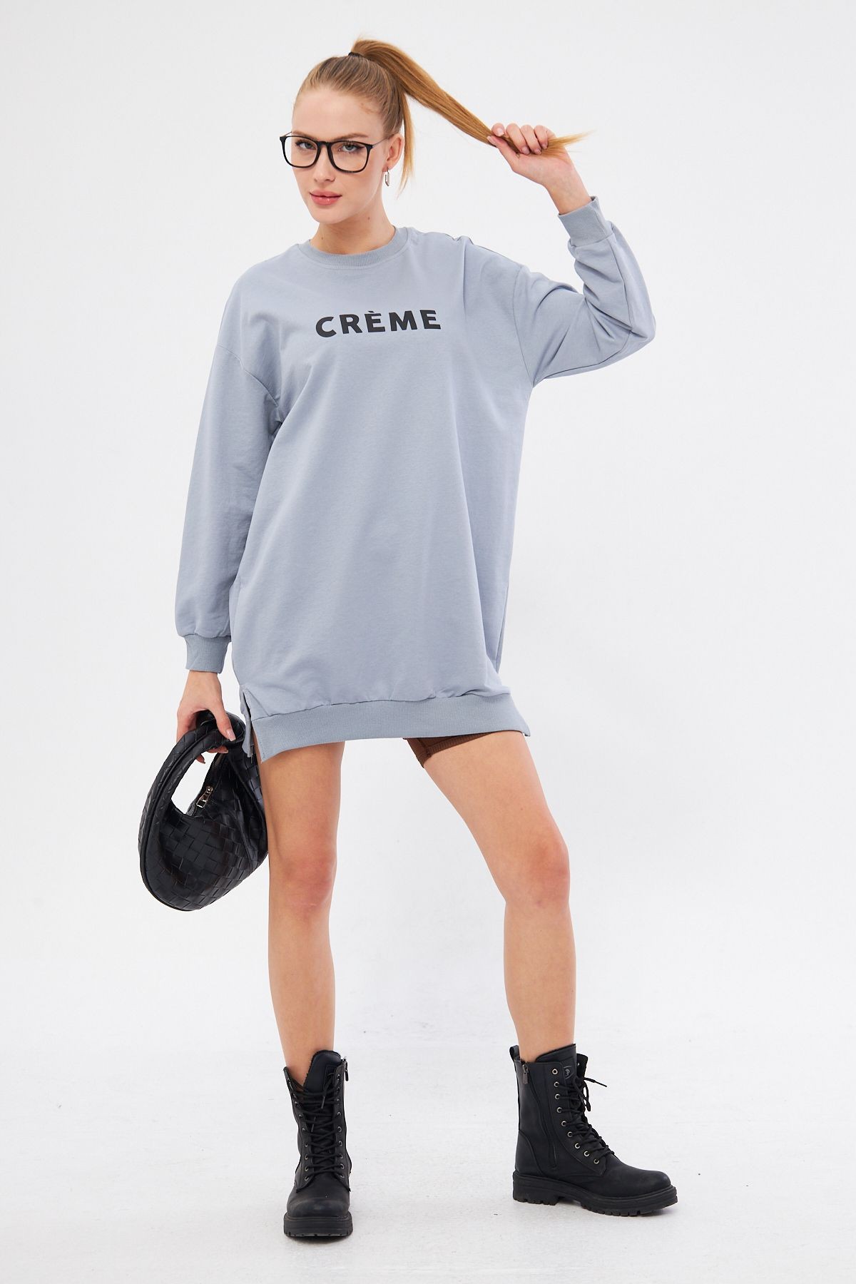 Kadın Gri Bisiklet Yaka Önü Yazılı Tunik Sweatshirt ARM-25K001029
