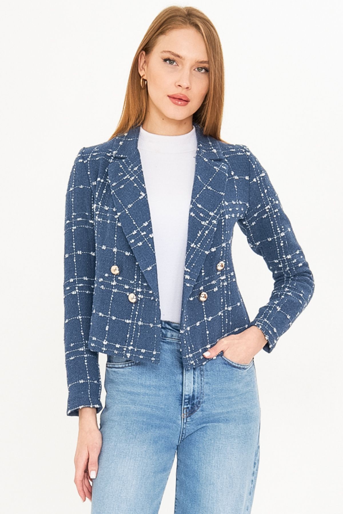Kadın Koyu Mavi Kruvaze Yaka Tüvit Crop Ceket ARM-24K001014