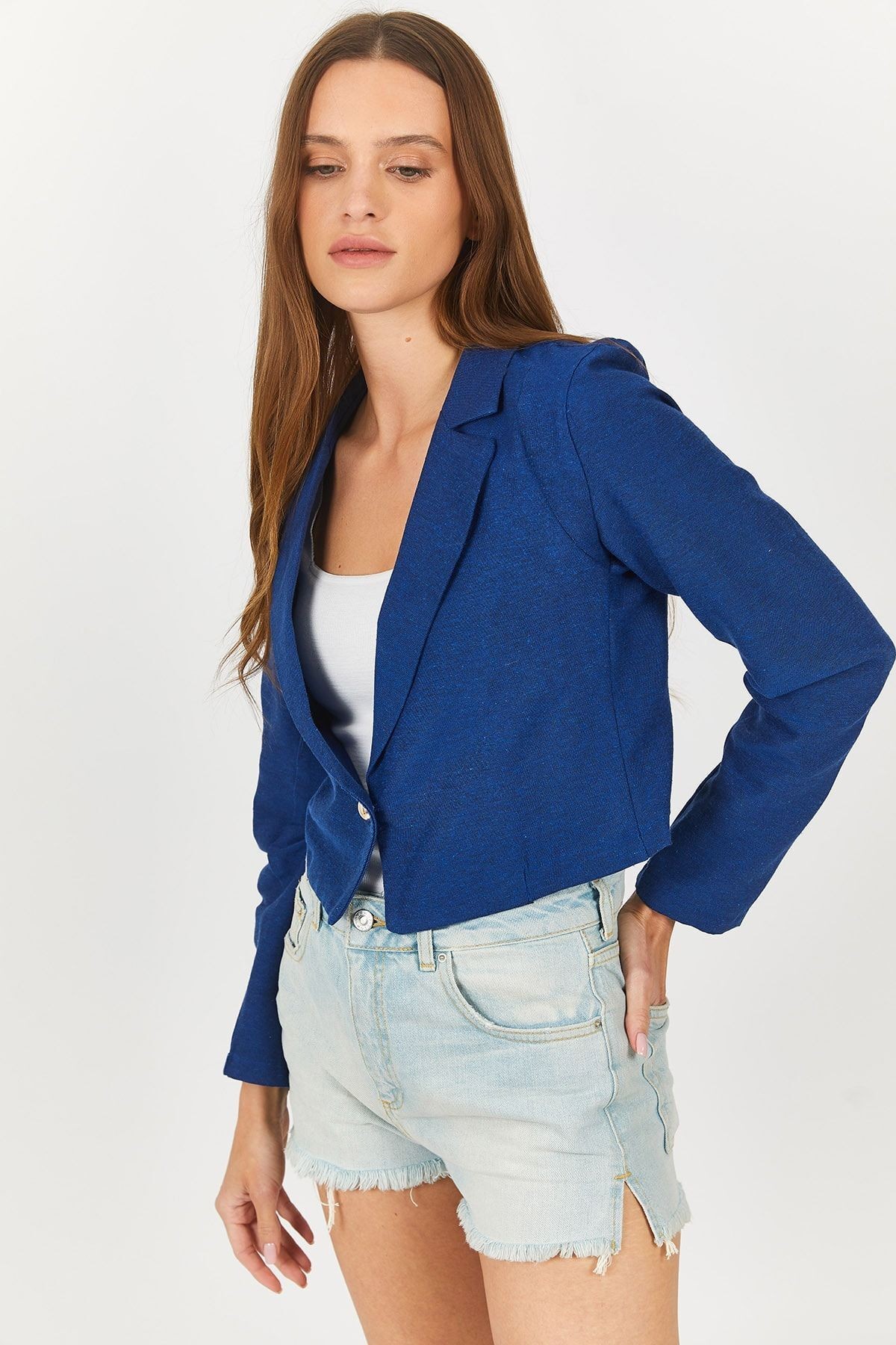 Kadın Saks Tek Düğmeli Crop Ceket Arm-23y001064